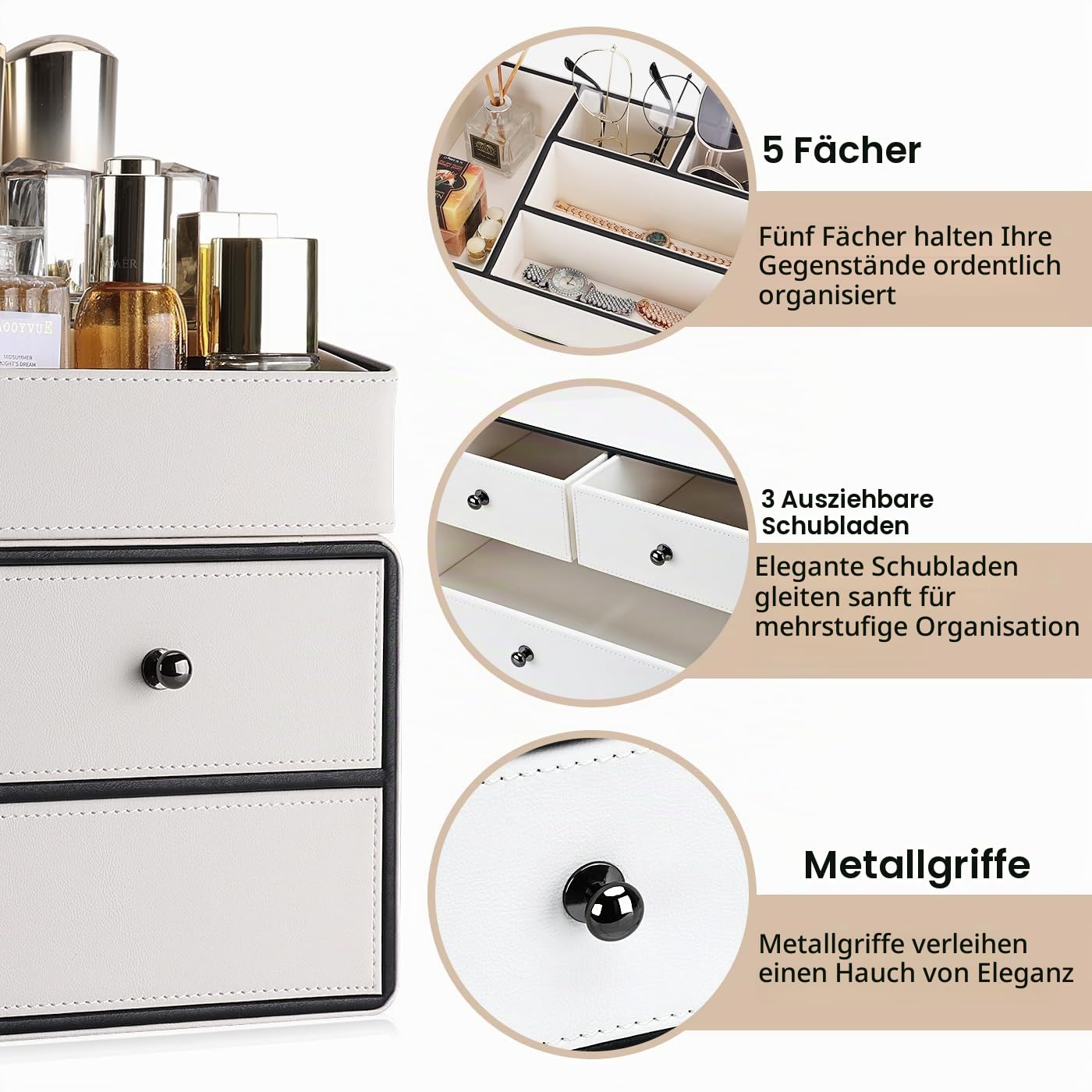 GORESE Make Up Kosmetik Organizer,2-Stöckig 3-Schubladen Leder schminktisch organizer Beauty Aufbewahrung Kosmetikbox Schreibtisch Organizer für Schlafzimmer, Badezimmer, Schminktisch(Weiß)