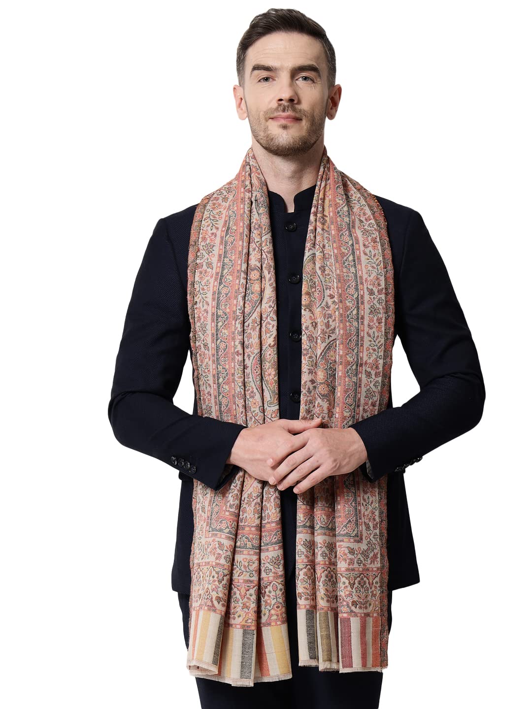 pashtush Mens Extra Fine Wool stole, jacquard design, Multicolour-picture-12