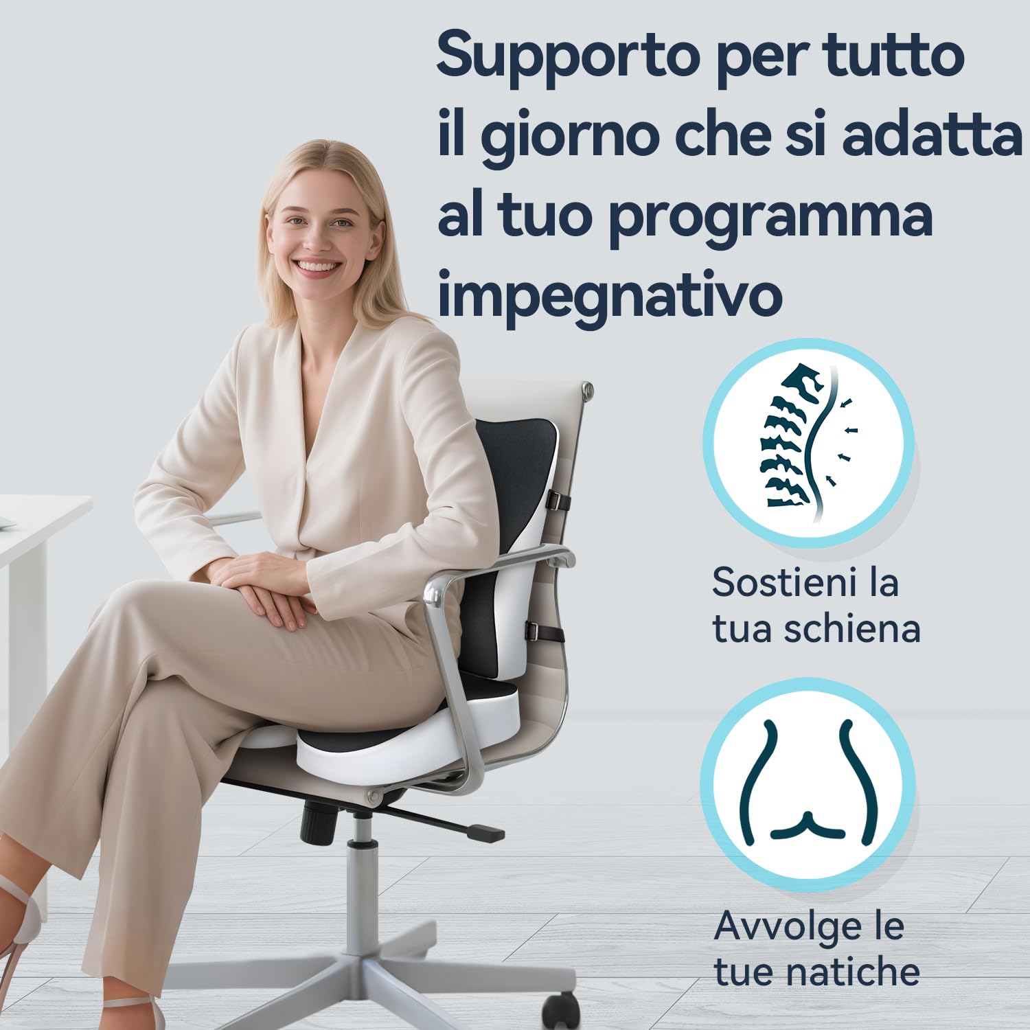 Travel Ease Set Cuscino per Sedia in Schiuma di Memoria e Supporto Lombare, Comfort Ergonomico per Sedia da Ufficio, Sedile Auto, Uso Domestico e Viaggi, Supporto per Schiena e Glutei, Nero