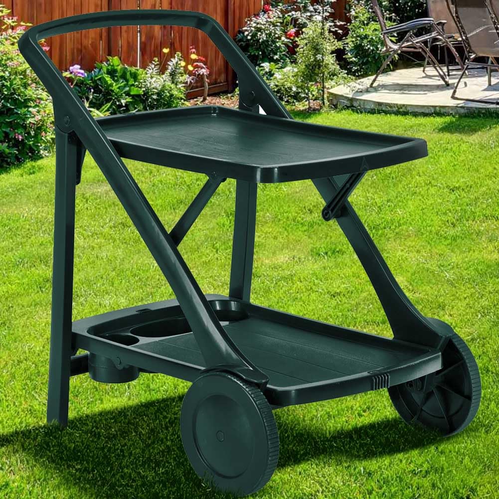 Carrello Cucina Portavivande Esterno in Resina Verde con Vassoio Portabottiglie