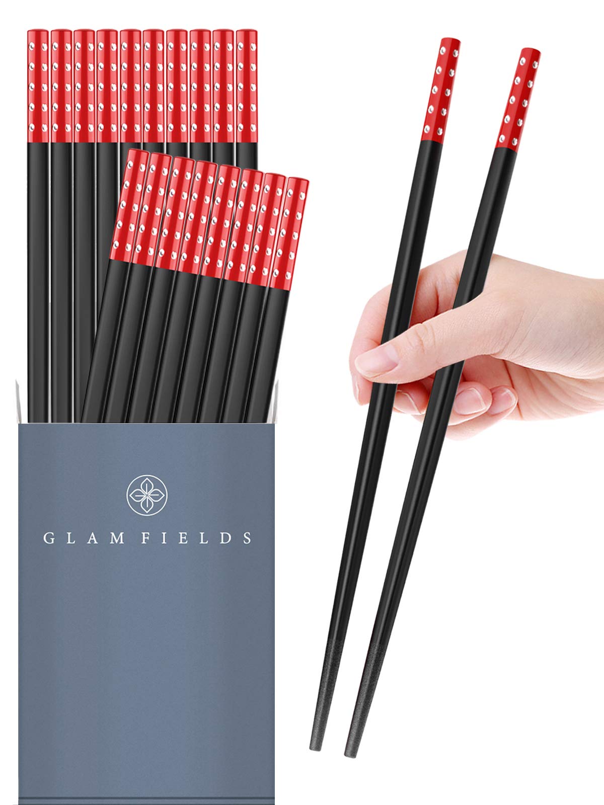 10 Pairs Fiberglass Alloy Chopsticks, GLAMFIELDS Reusable Japanese Chinese Korean Chop sticks, Non-slip, 9 1/2 inches