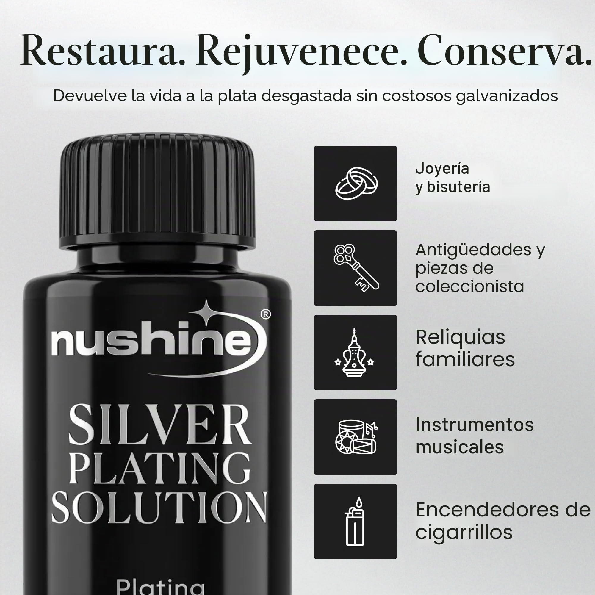 Nushine Solución para Chapado en Plata, latón, Cobre y Bronce (fórmula ecológica), 50 ml