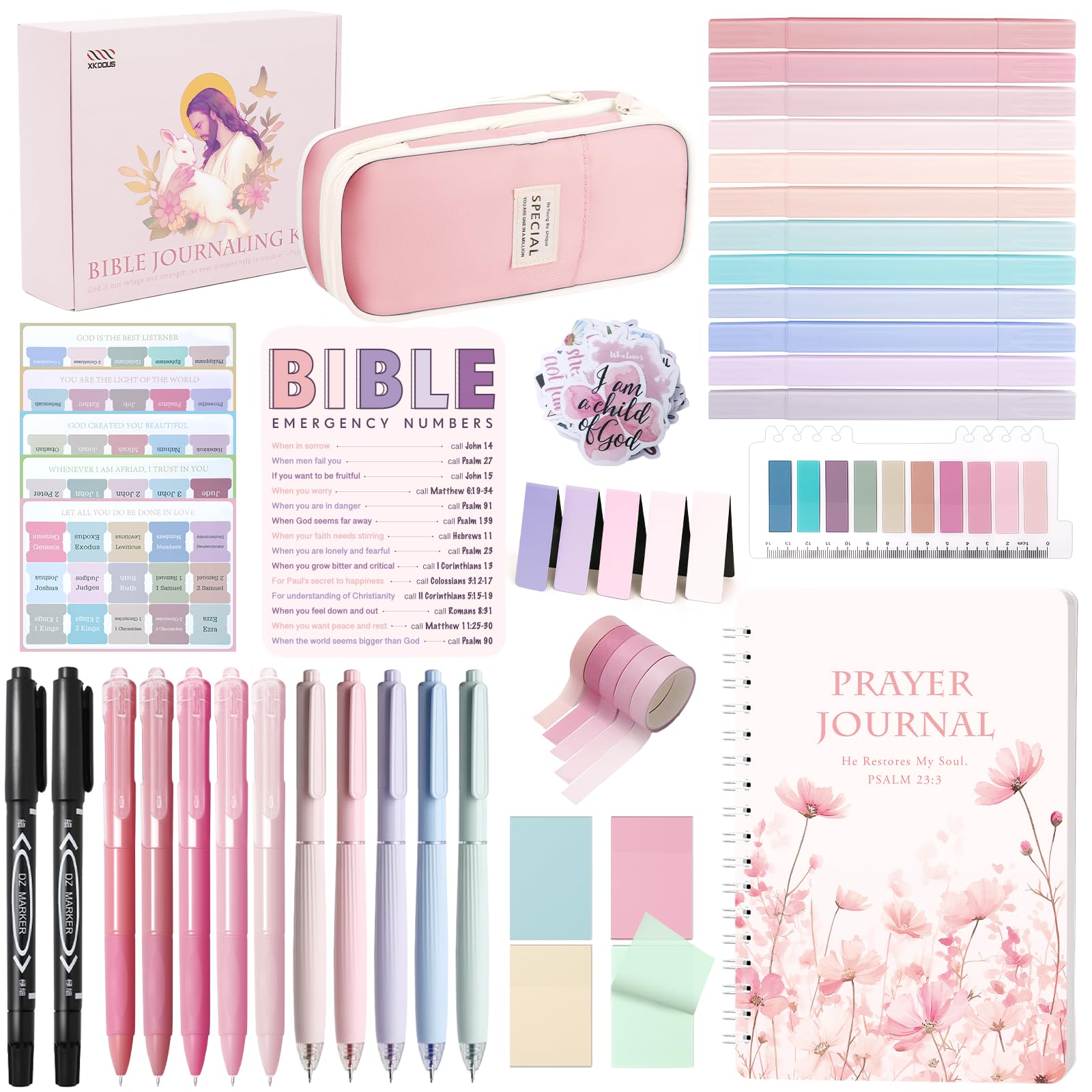 XKDOUS Bible Study Supplies Journaling Kit for Women, Bible Study Kit Journaling Supplies Includes Prayer Journal, Highlighters, Emergency Card, Pencil Case and More, Christian Gifts for Women, Pink