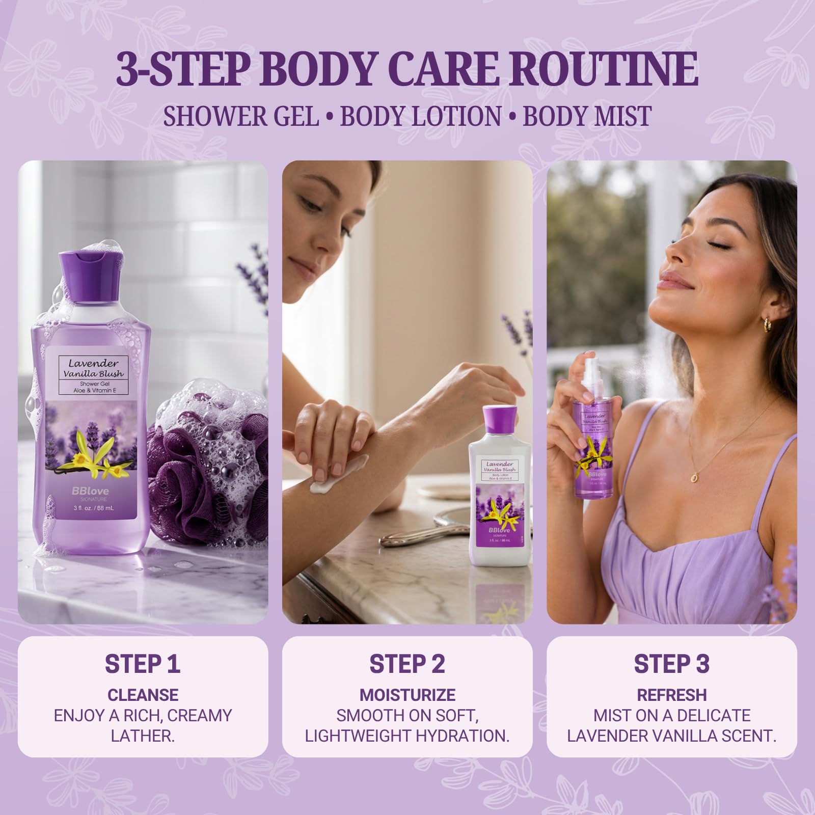 Lavender Vanilla Blush Bath Set - 3PC Travel Gift -3