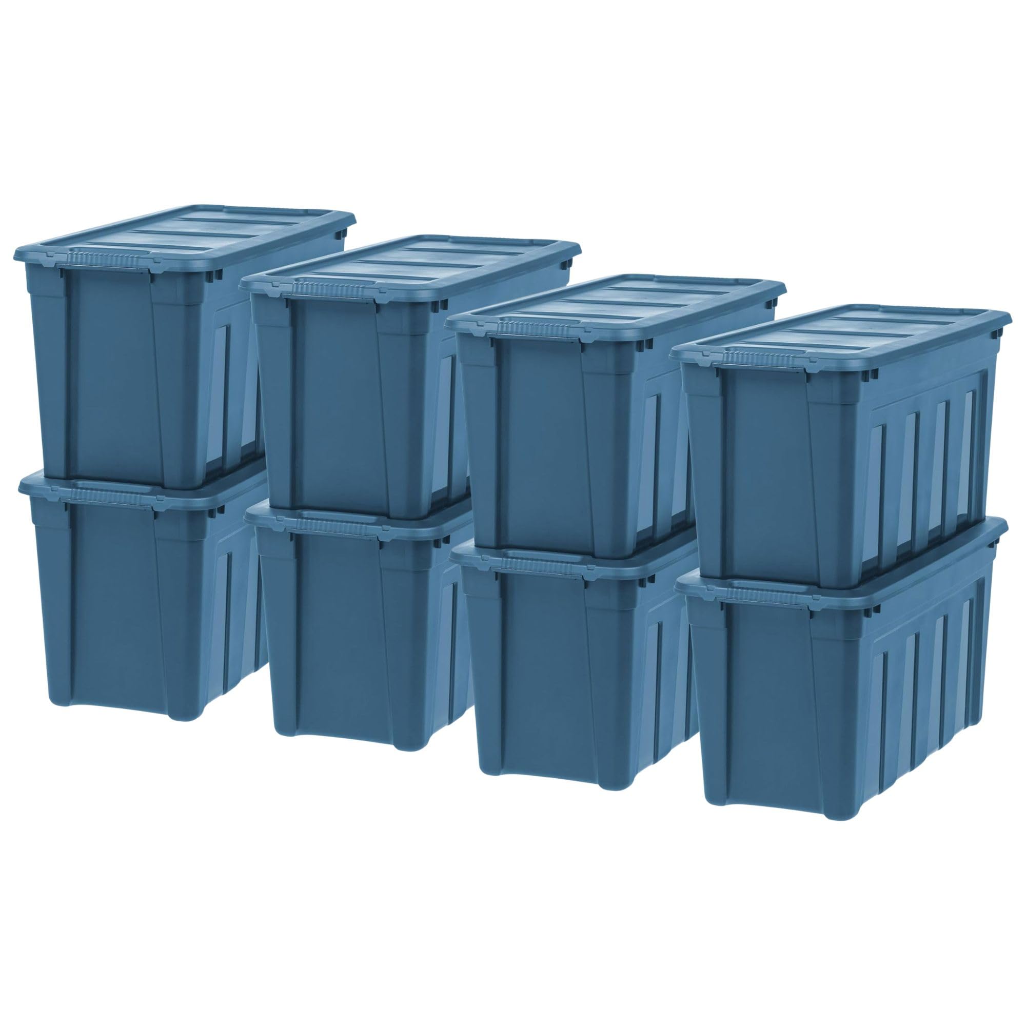 IRIS USA 31 Gallon Eco-Friendly Heavy Duty Storage Totes with Easy-Grip Handles, 8 Pack - Large Bins with Lids Garage Organizing Tubs, Durable Stackable Utility Containers, Made in USA - Navy