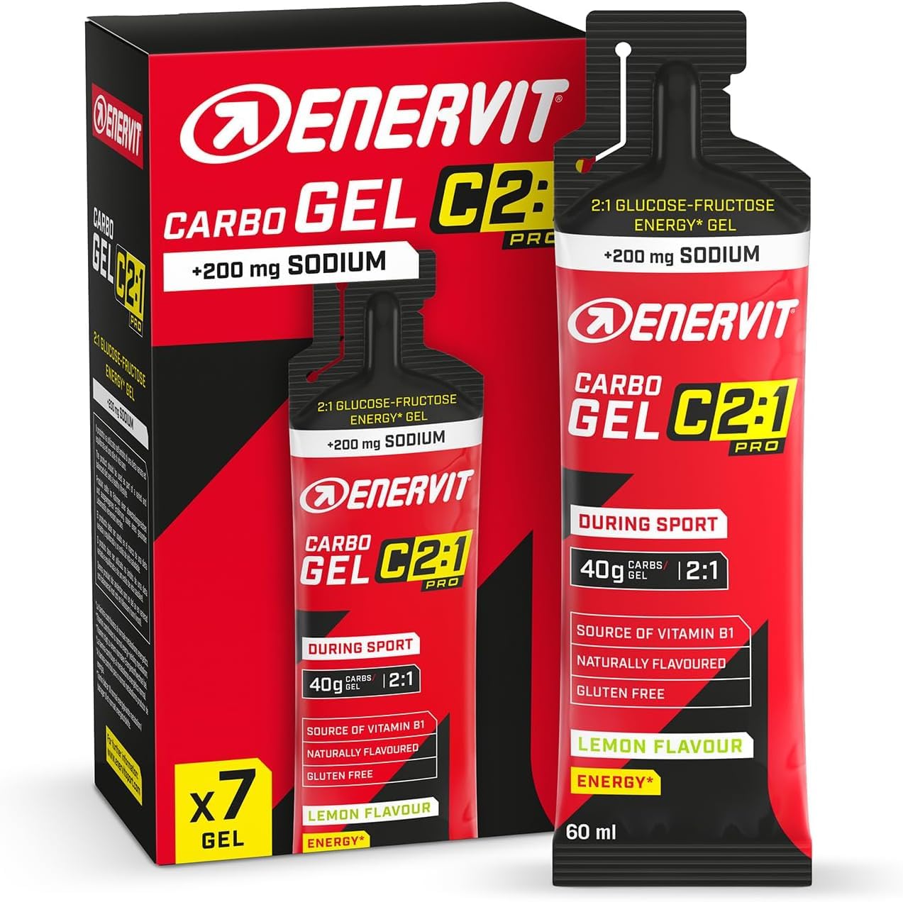 Enervit, Carbo Gel C2:1PRO con Sodio, Gel Energetico, 40g di Carboidrati, Per Attività ad Alta Intensità, +50% di Carboidrati Assorbiti, Gusto Lime, Senza Glutine, Alta Digeribilità, 7 Pack da 60ml