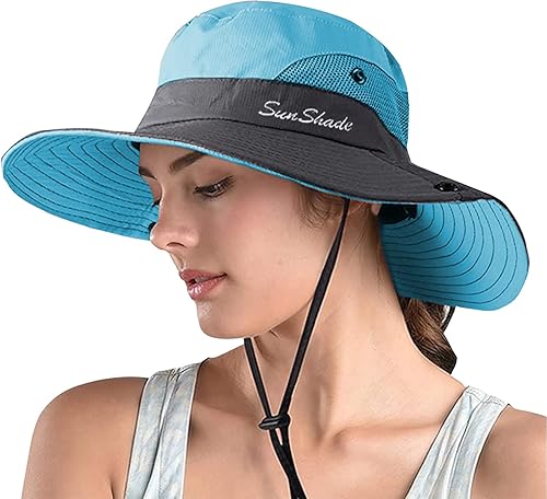 Miniatura 1 de ZOORON Sombrero de safari para cola de caballo para mujer, ala ancha, protección UV, sombrero de cubo al aire libre, sombrero de pesca plegable para
