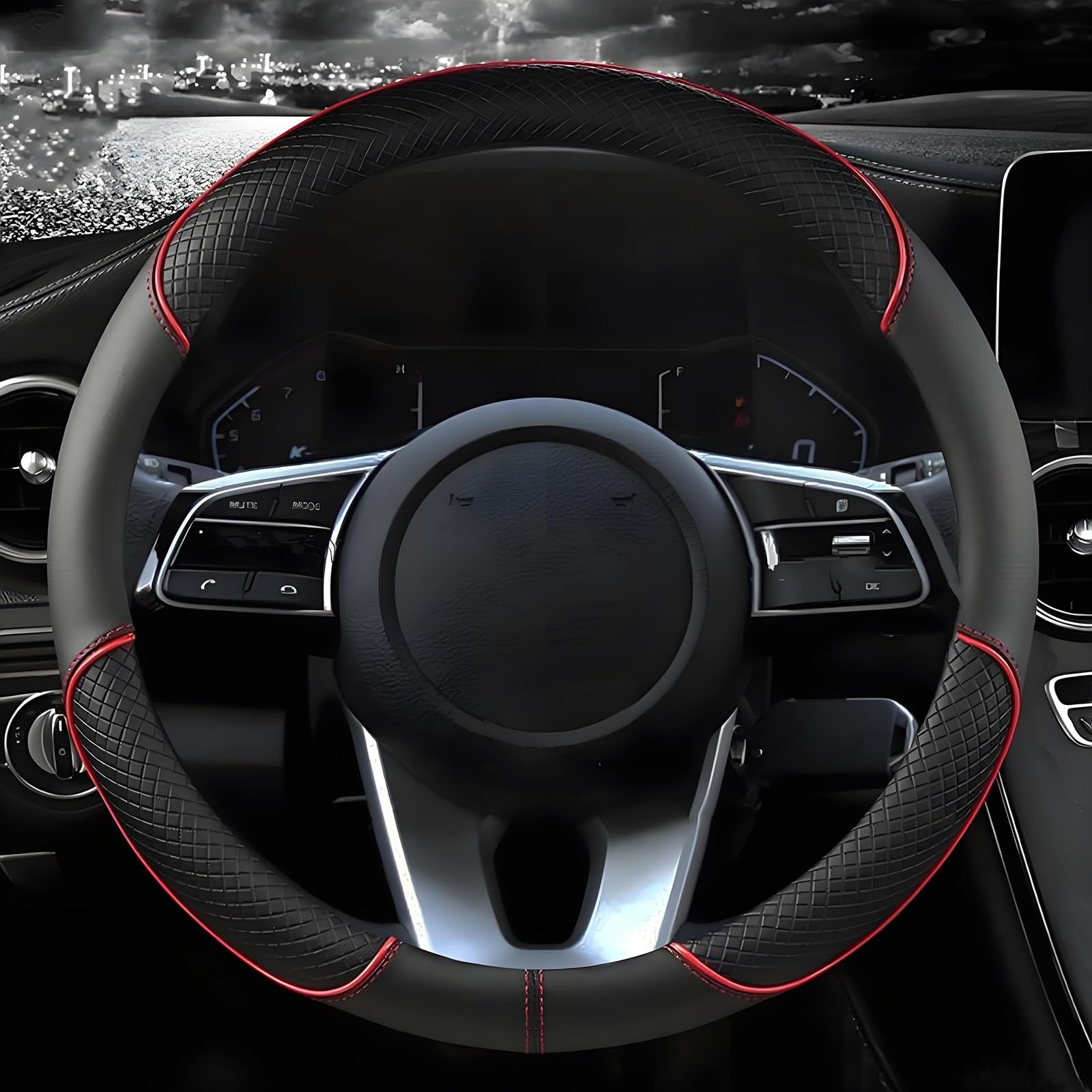 MEILIANQIPEI Steering Wheel Cover for Audi Q5 Sportback (GU) 2026 2025 2024, Car Handle Protector Anti-slip Sporty Microfiber Leather Protective Sleeve Breathable Black Red,O