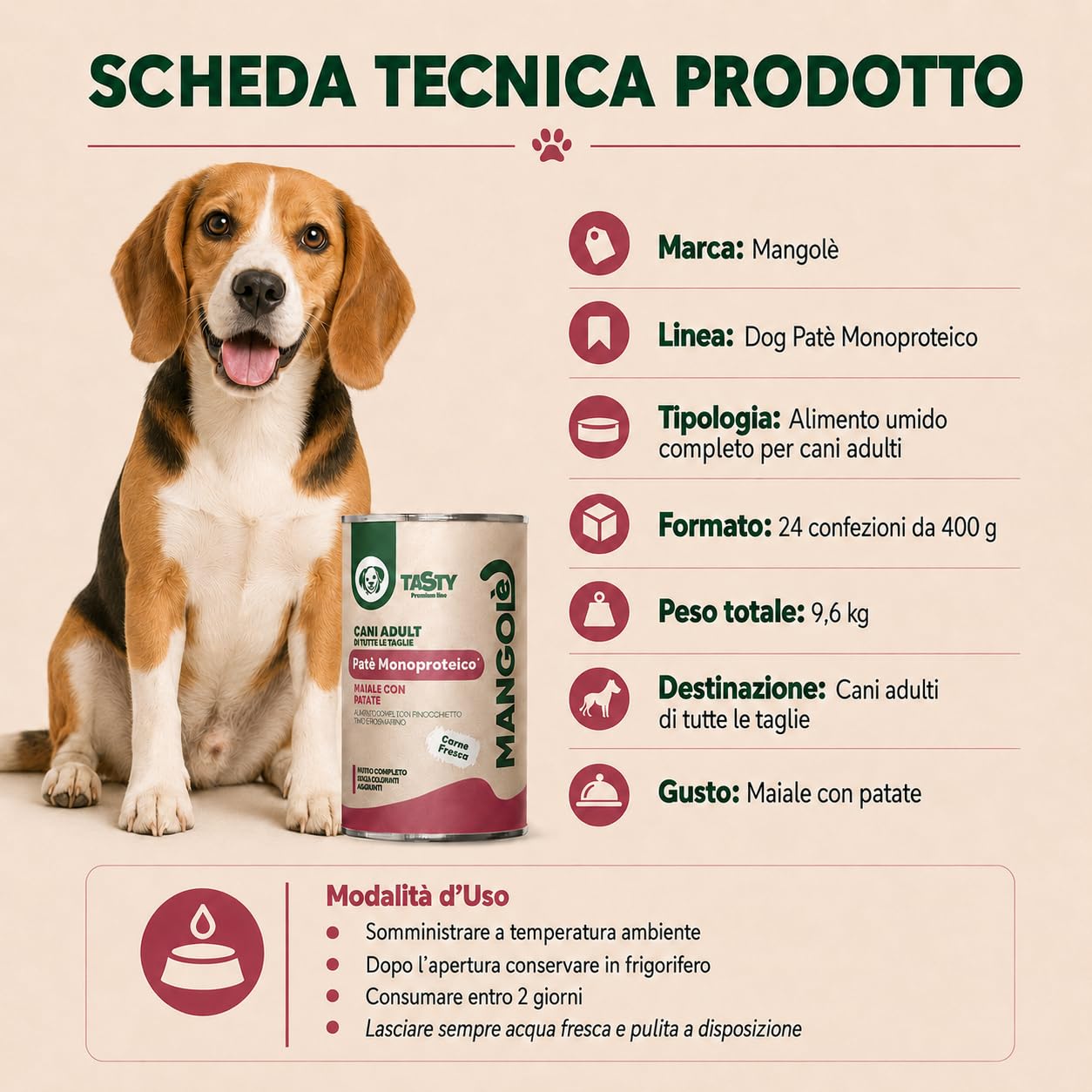 Dog Patè Monoproteico Maiale con Patate 400 g Alimento Umido Completo per Cani Adulti Aromatizzato con Finocchietto, Timo e Rosmarino (24 Pezzi)