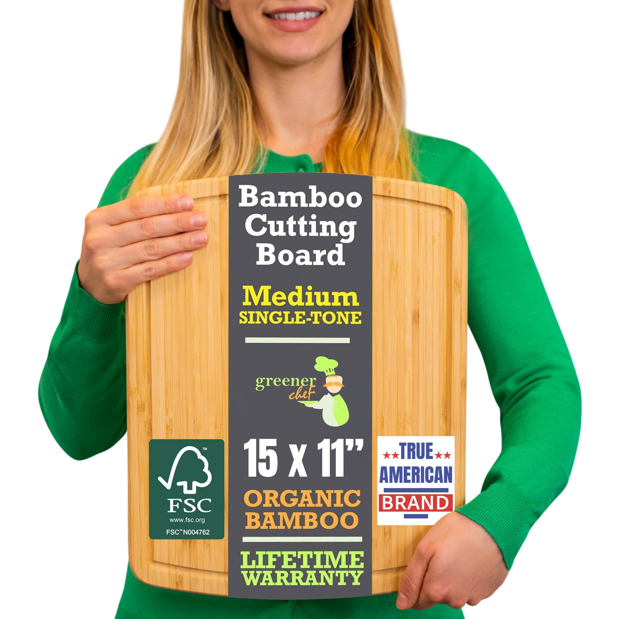 GREENER CHEF 15 Inch Bamboo Cutting Board with Lifetime Replacements - Medium Wooden Chopping Board for Kitchen, Butcher Block, Meat, Vegetables, Charcuterie and Cheese Board