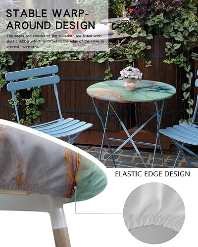 Miniatura 5 de Mantel redondo de mármol turquesa, mantel de cocina agrietado degradado dorado con borde elástico, mantel impermeable, mantel circular de arte