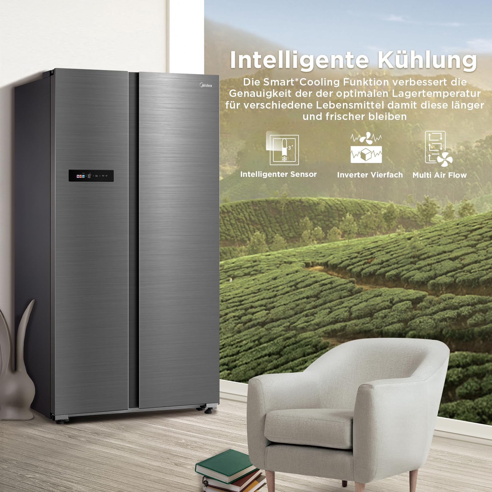 Midea Side-by-Side Kühl-Gefrierkombination 592 L No Frost WiFi-Steuerung Inverter-Kompressor 37 dB 212 kWh/Jahr 177,5 cm Multi-Air-Flow Humidity Control SuperCool MDRS791MIC46