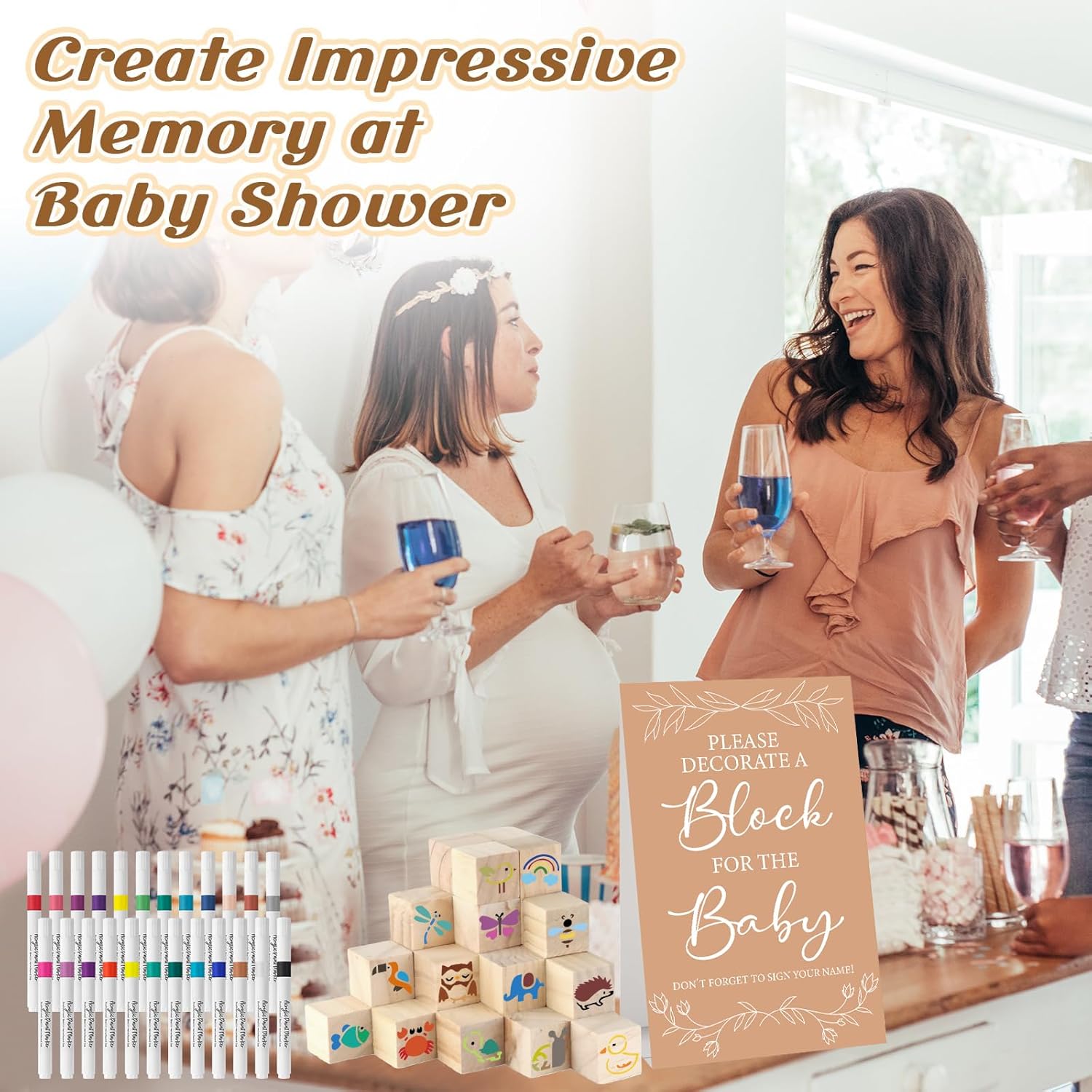 146 Pcs Baby Shower Game Sign Set Includes Decorative Square 54 DIY Blank Wooden Blocks 24 Paint Markers 27 Page Baby‘s First ABC Book