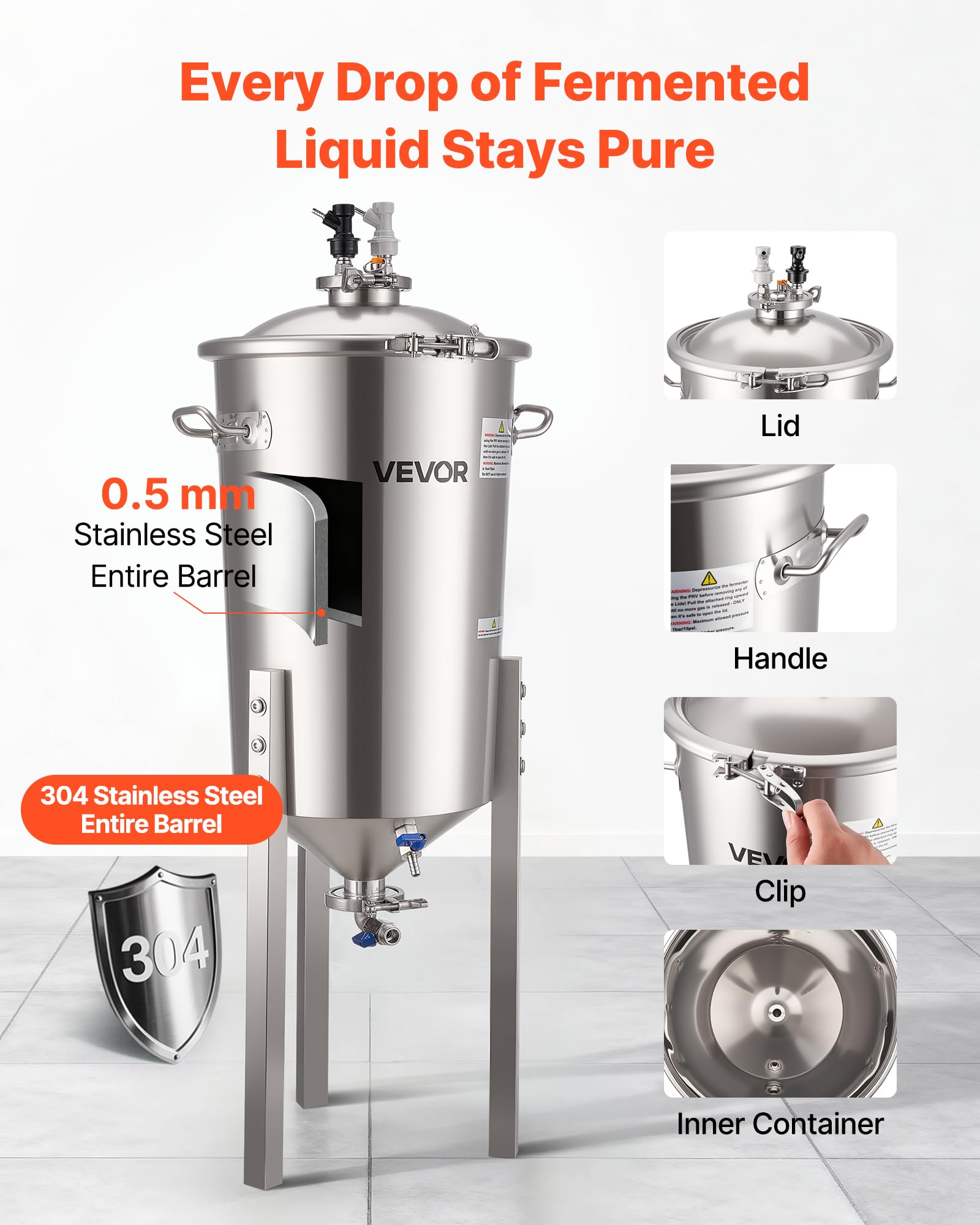 VEVOR Fermenteur Conique 30 L, Cuve de Fermentation en Acier Inoxydable, avec Fond Conique, 3 Pieds Réglables, Couvercle, Poignée et Thermomètre, Équipement de Brassage Fermentation de Bière et Vin