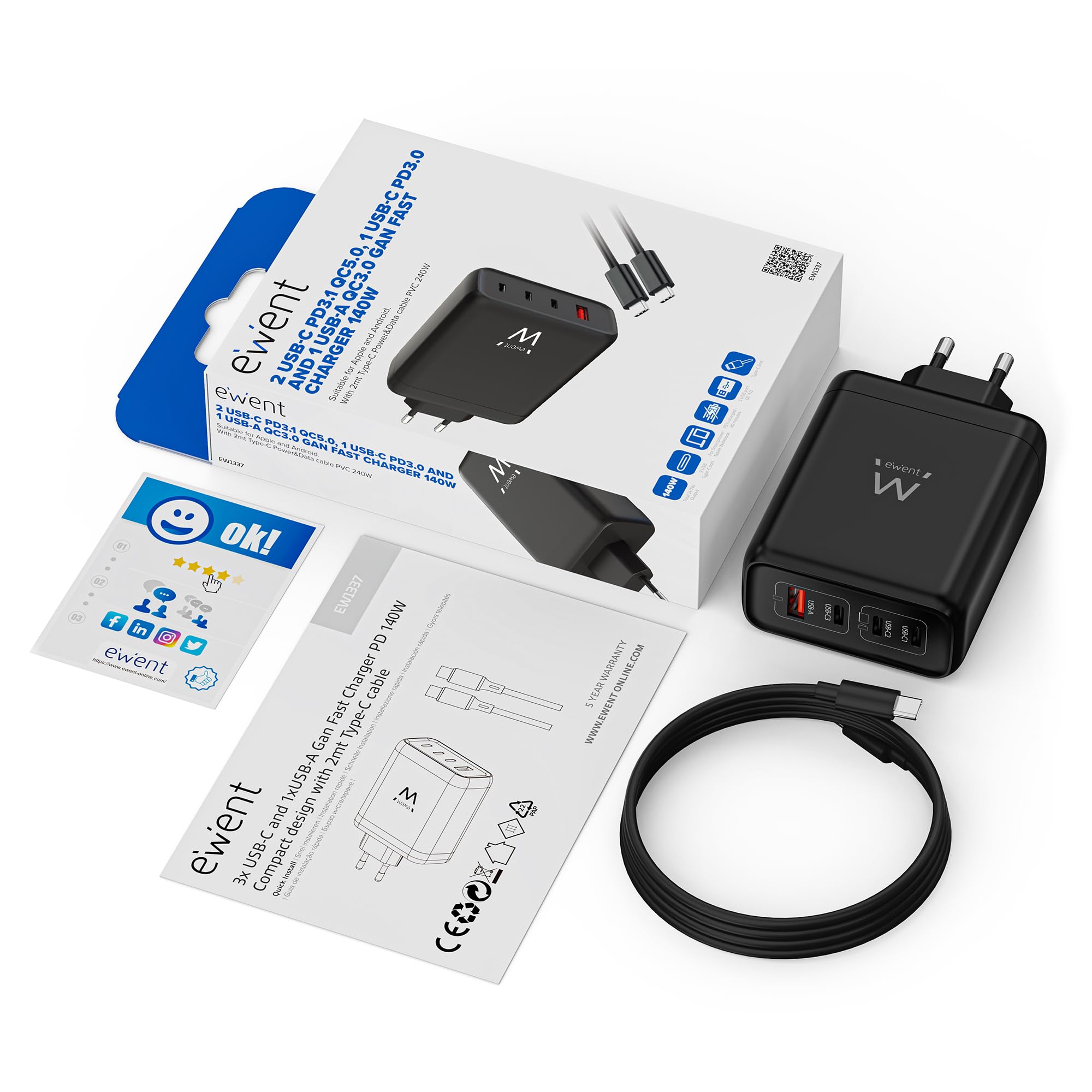 Ewent Caricatore USB C 140W, Caricabatterie Rapido GaN Fast 4 Porte USB (3 USB-C PD 3.1 + 1 USB-A QC 3.0), per Notebook, MacBook, iPhone 17, iPad, Android con Cavo USB-C 240W da 2 m, Nero