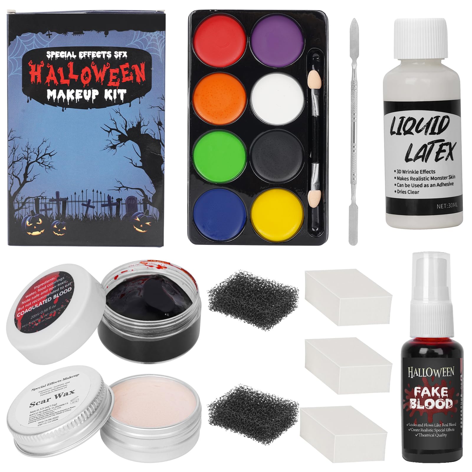 Halloween Liquid Latex Special Effects SFX Makeup Kit - 8 Colors Bruise Face Body Paint Palette,Liquid Latex+Scar Wax+Spatula Tool+Fake Blood Spray+Coagulated Blood With Sponges for Halloween Cosplay