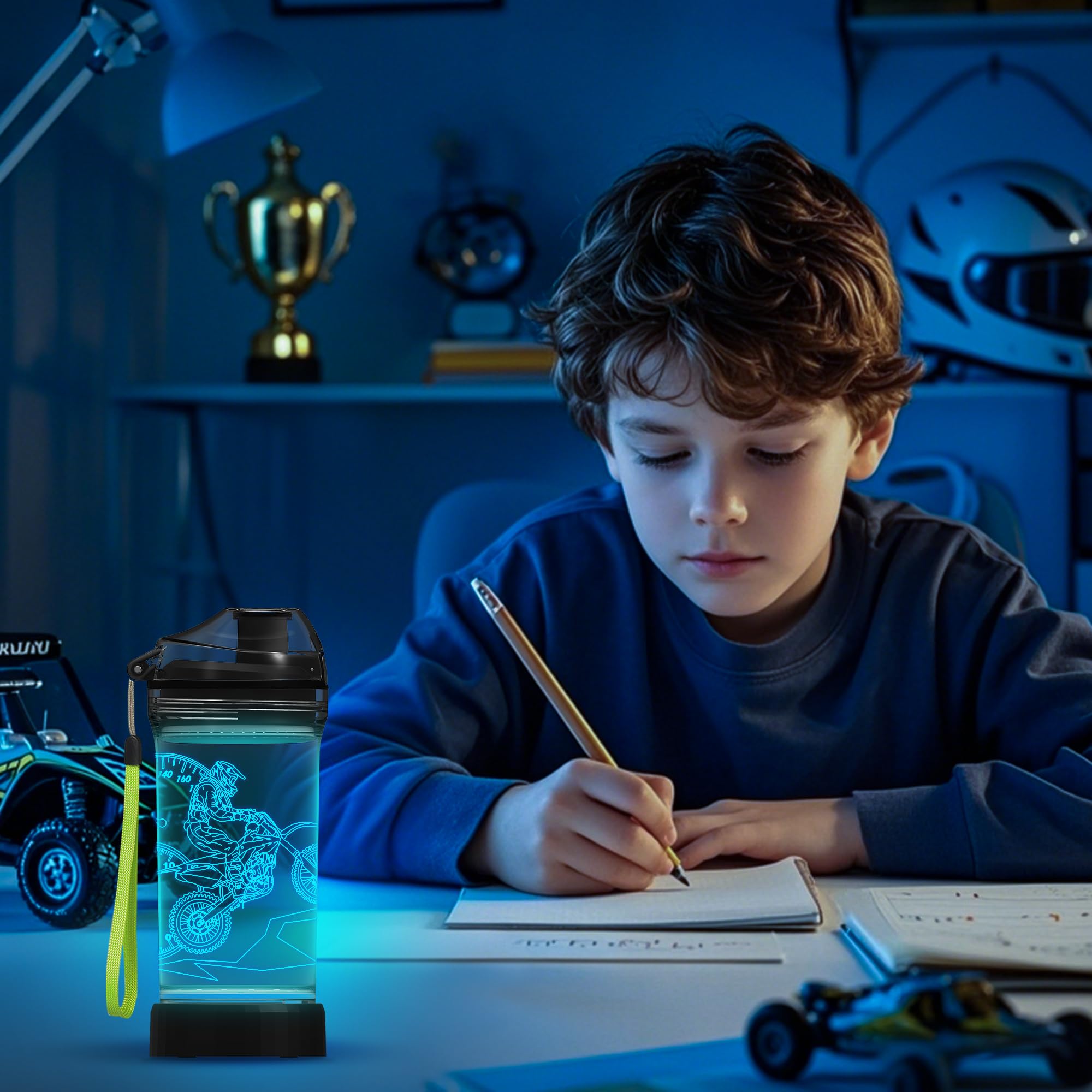 YuanDian Borraccia per moto da cross con luce LED 3D incandescente per bambini, in Tritan senza BPA, ecologica, idea regalo per la scuola, bambini, ragazzi, motocross