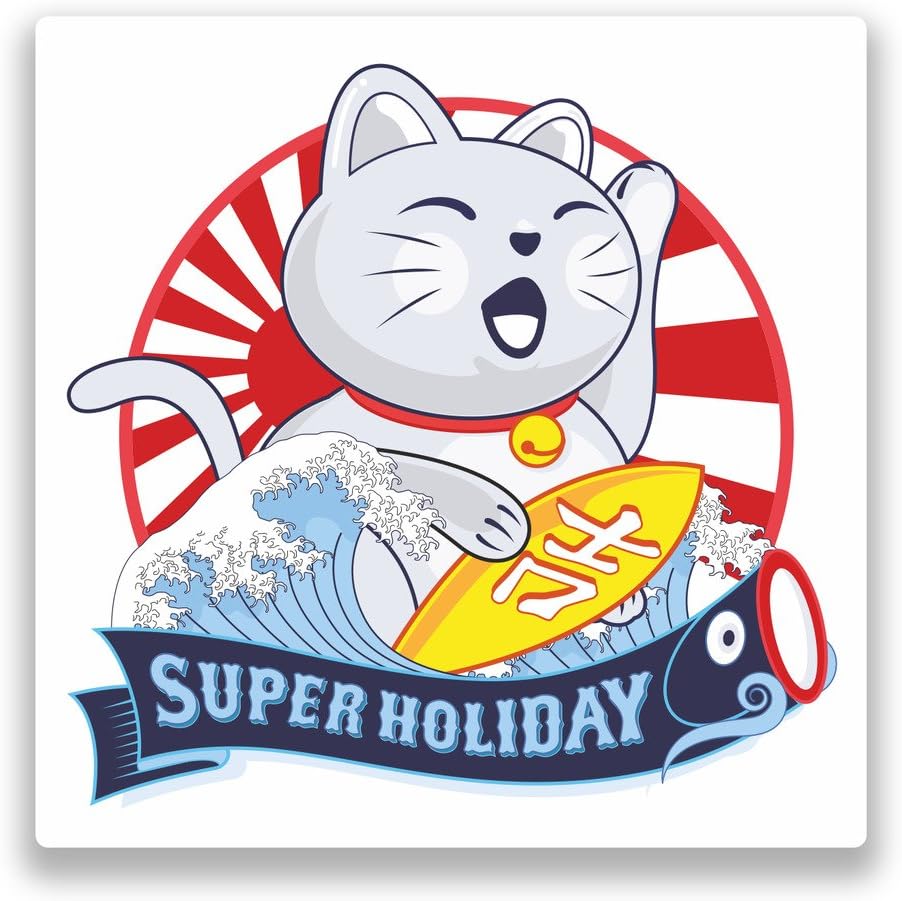 2 x 20cm/200mm Lucky Cat Japan Surfing Vinyl Stickers #7351