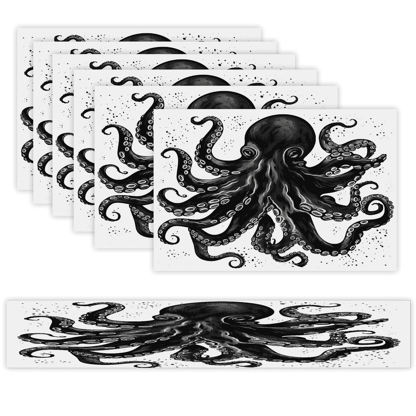 Classic Black Octopus Table Runner and Placemats of 6 Washable Heat Resistant Place Mats with Table Runner Vintage Holiday Table Mat Set for Holiday Party Kitchen Dining Deco