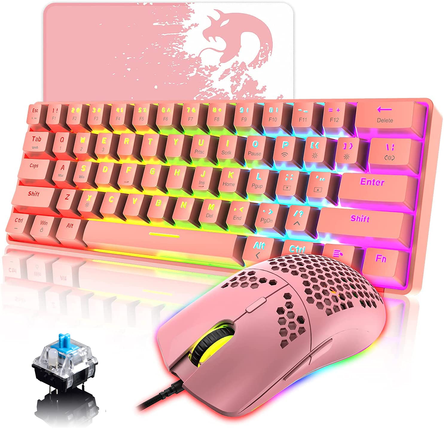 UrChoiceLtd 60% Clavier Mécanique Câblé/sans Fil Bluetooth 5.0 Keyboard à Double Mode 61-Key RGB Rainbow LED Backlit USB Type-C Touches Anti-fantômes De Jeu De Jeu étanche Pour (commutateur Brun