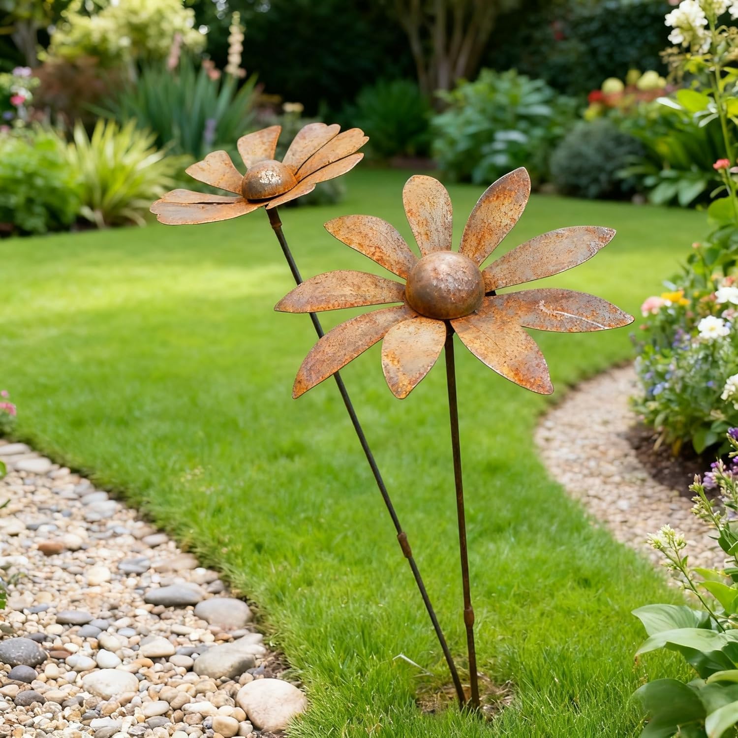 yeeplo 2er Rostige GartendekoSet Rost Deko für Garten Cortenstahl Gartenstecker Metall Blume Mohn Gartendeko Rost Rankstab Beetstecker Topfstecker Naturrost (f)