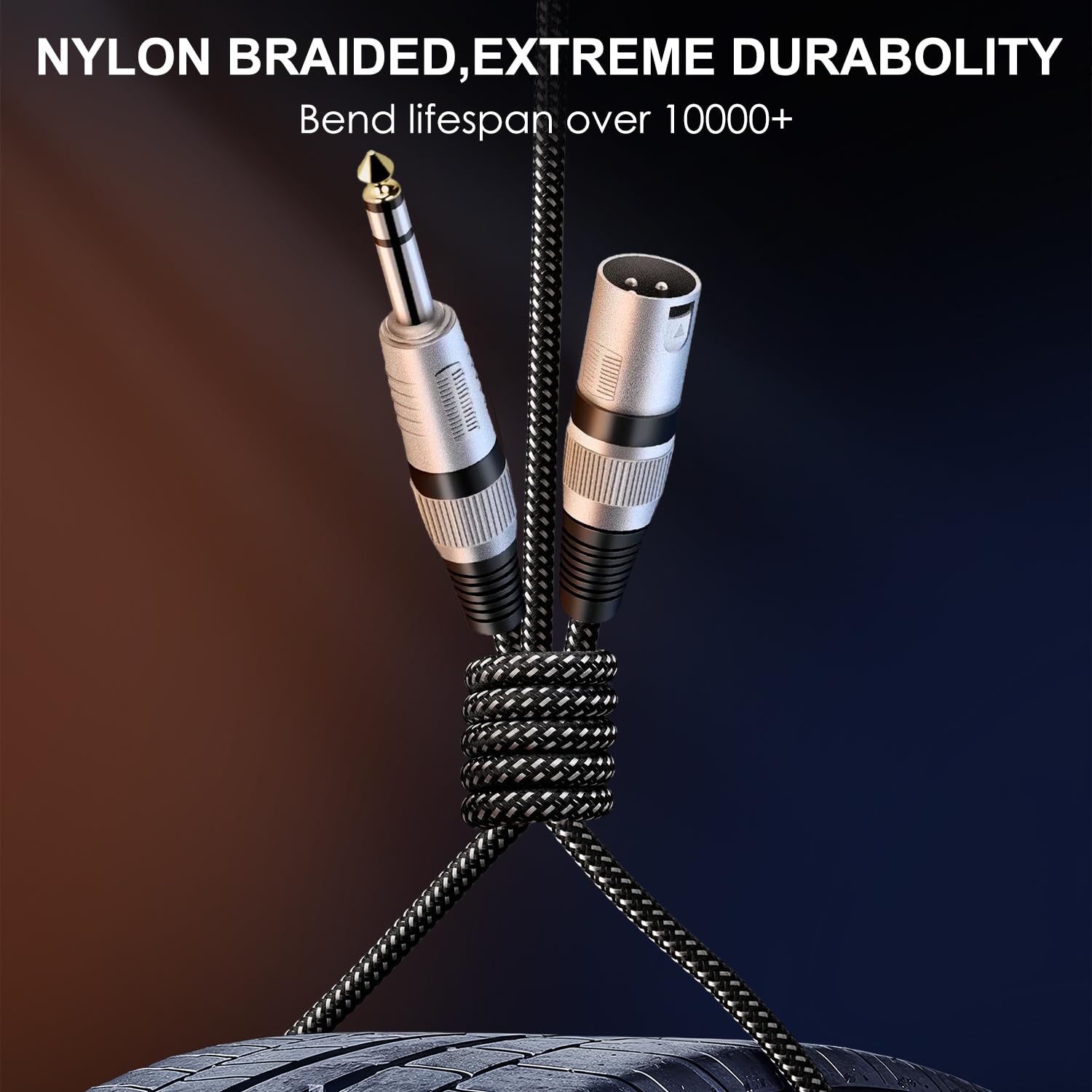 Kabel XLR męski na 1/4 cala TRS 30 FT, Nylong pleciony XLR 3-pinowy męski na ćwierć cala 6,35 mm TRS męski zbalansowany przewód połączeniowy przewód mikrofonowy (czyste miedziane przewody)