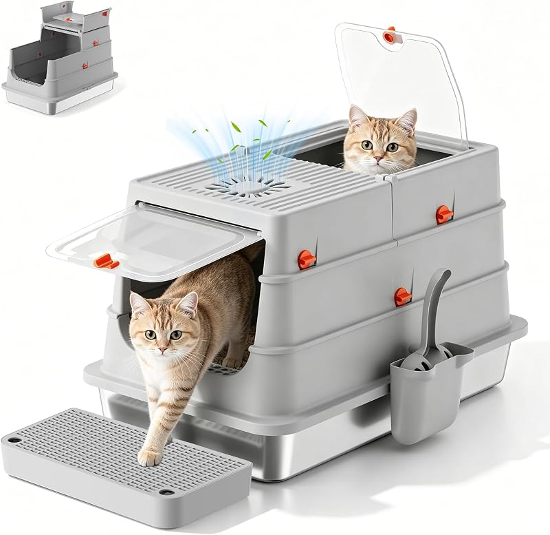Caixa de Areia para Gatos Extra Grande em Aço Inoxidável com Tampa Uupin, Cinza-claro
