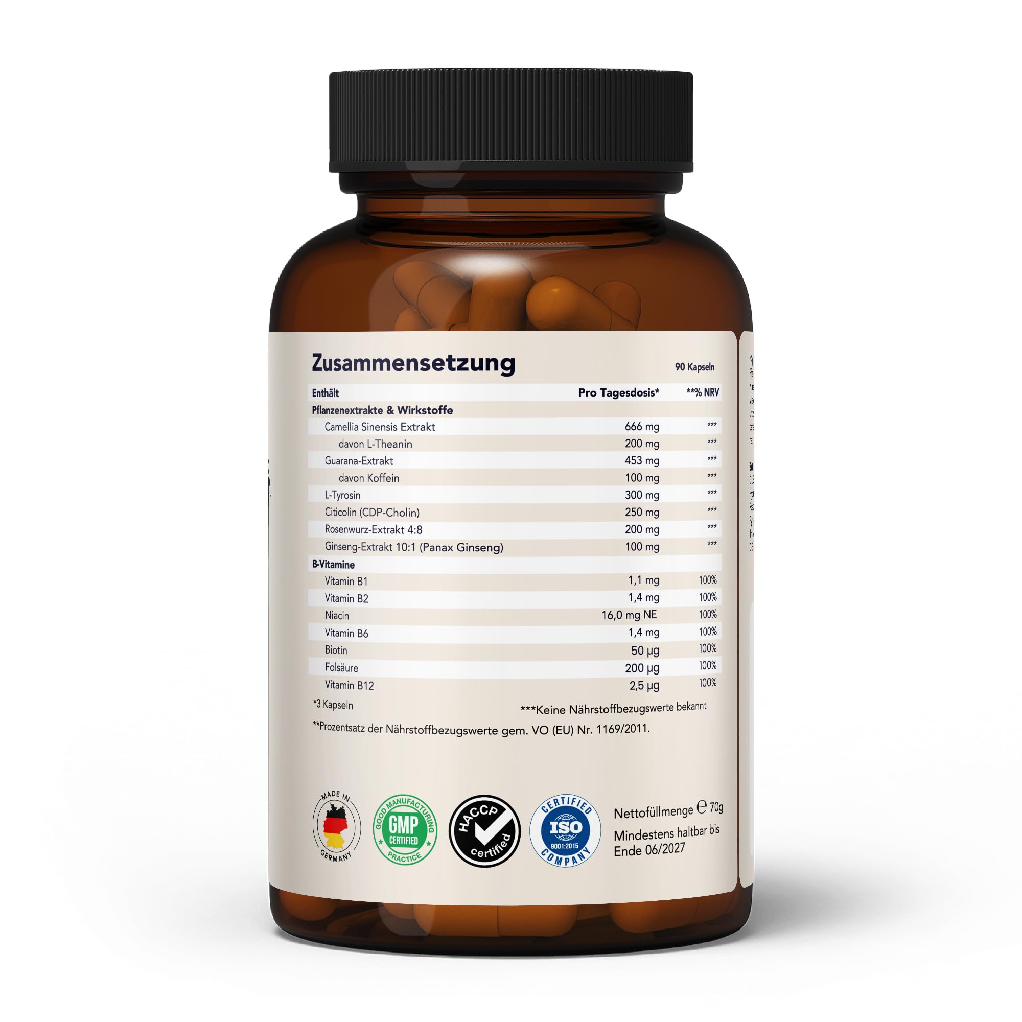 Fokus-Booster 90 Kapseln – L-Theanin, L-Tyrosin, Ginseng, Guarana & B-Vitamine – Konzentration, Energie & Fokus - 100% pflanzlich - hochdosiert - made in Germany