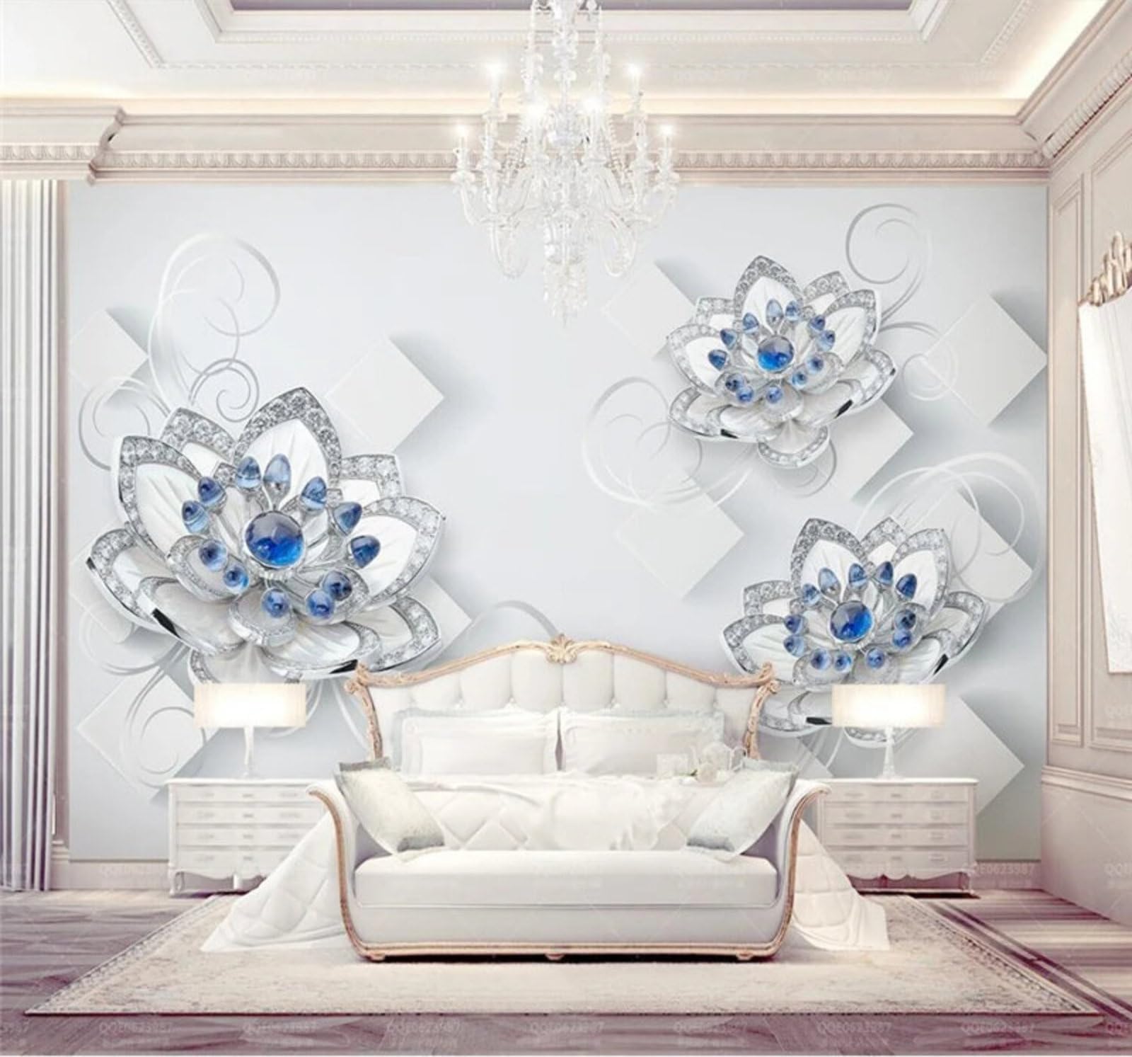 Wallpaper-3D-Xlm 300Cm×210Cm(B×H) Three Dimensional Blue Beautiful Crystal Flowers 3D Wallpaper Easy Install Feature Office Living Room Sofa Bedroom Tv Background Wall Decoration-300Cm×210Cm