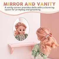 Vista 3 de ROBUD Armario de Juguetes de Madera para Muñecas, Guardarropa con 5 Percheros, Espejo, Cortinas de Terciopelo, Para Ropa de Muñecas American Girl