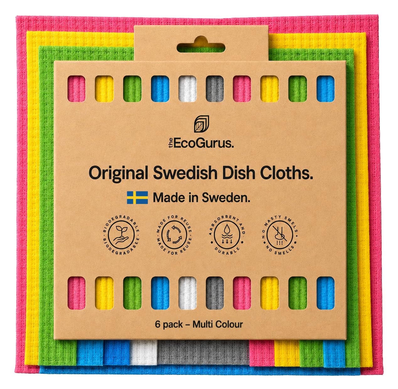 Swedish Dishcloths 6 Pack Multi Colour, Biodegradable, Made in Sweden
