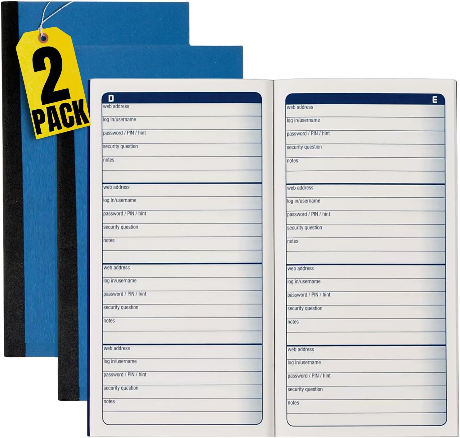 1InTheOffice Password Journal, Password Keeper Book Small, Blue 3 1/4 x 6 1/4, 192 Entries, (2 Pack)