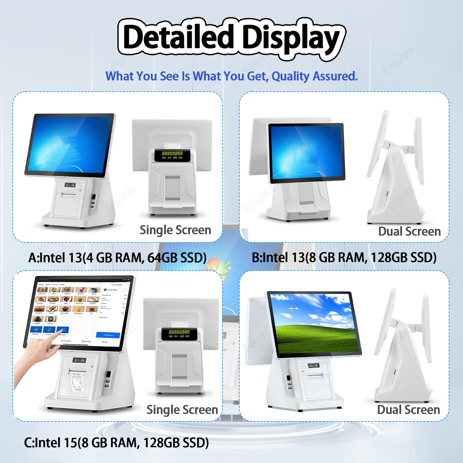 Caisse Enregistreuse Professionnelle,Ordinateur De Caisse Tactile,Ordinateur De Caisse Tactile,avec 15.6" éCran Tactile, pour Petites Entreprises DualScreen-A（80mm）