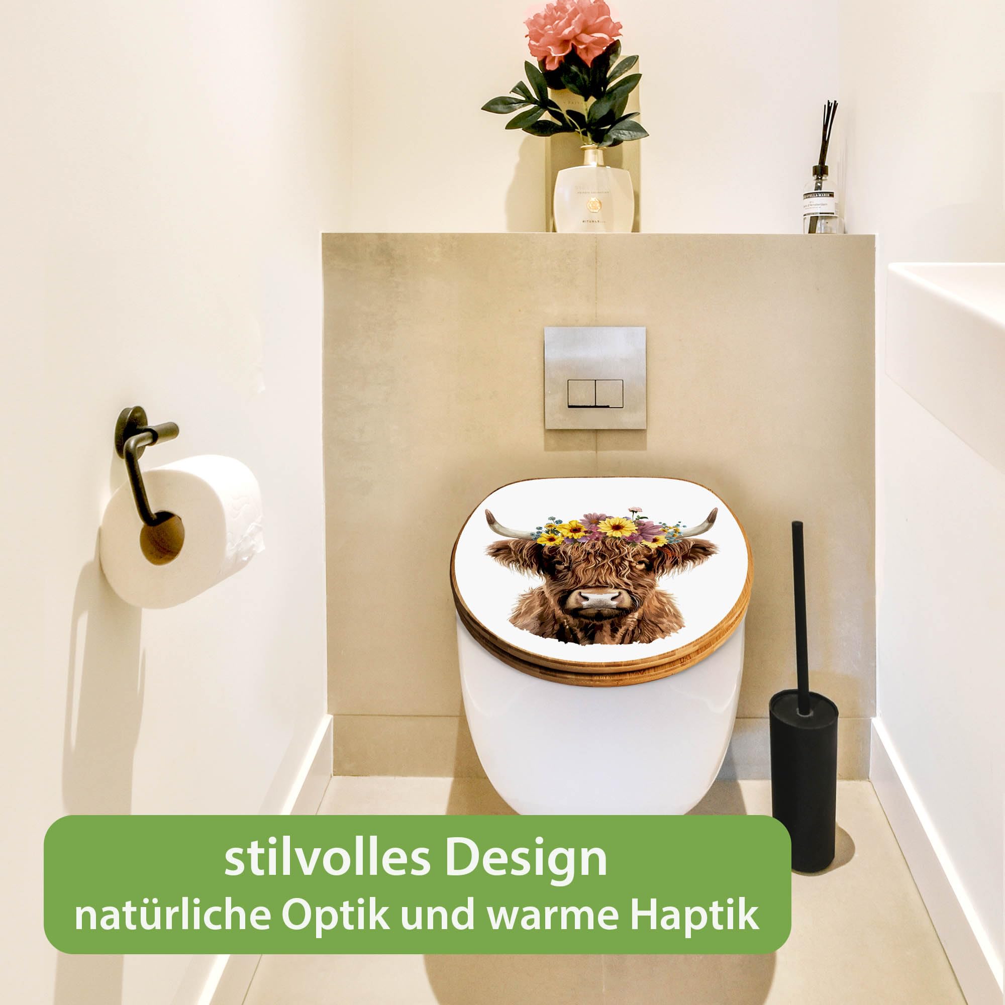 banjado Design WC Sitz Bambus Absenkautomatik 45,8x37,5cm - Toilettendeckel mit Absenkautomatik Holz - hochwertiger Bambus Klodeckel - WC-Sitz für gängigen Toiletten - Motiv Hochlandkuh mit Blumenkron