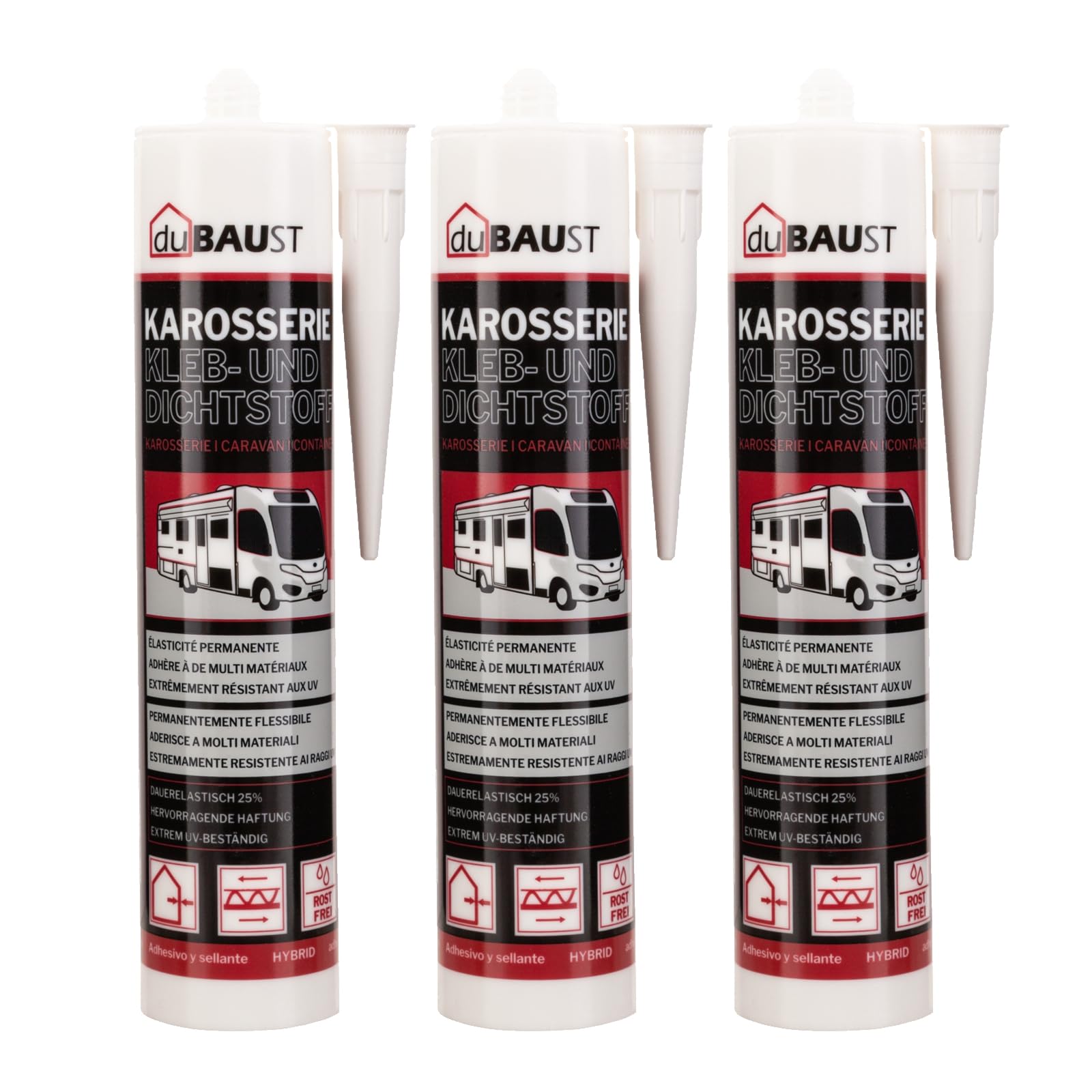 dubaust 1K Karosseriekleber & Dichtmasse MS Polymer, UV-beständig, extra starke Klebekraft zum Kleben & Abdichten im Fahrzeugbau & Wohnmobil, Caravan 290ml Kartusche (stahlgrau, 3x)