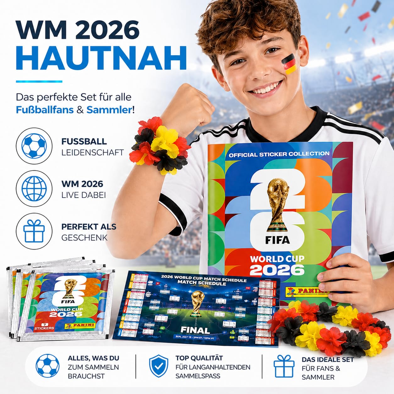 TK Gruppe Timo Klingler Panini Mistrzostwa Świata 2026 XXL Set – Album & Naklejki – Plan Meczów, Wianek Kibica, Album Kolekcjonerski do Zbierania Piłkarskich Naklejek (50 Saszetek / 350 Naklejek)