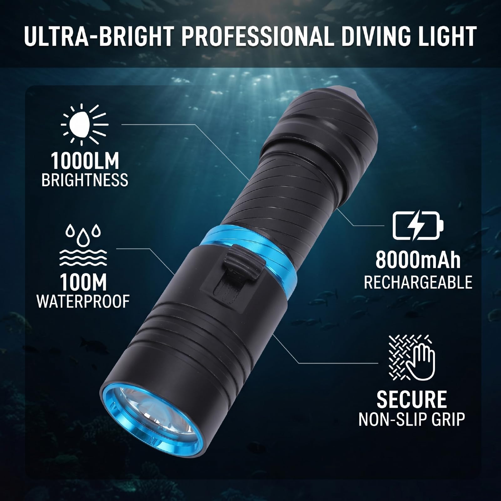 Torcia Subacquea Professionale, Luce Subacquea Ricaricabile Super Luminosa da 1000 Lm, Impermeabile Fino a 100 Metri per Immersioni Notturne e Snorkeling