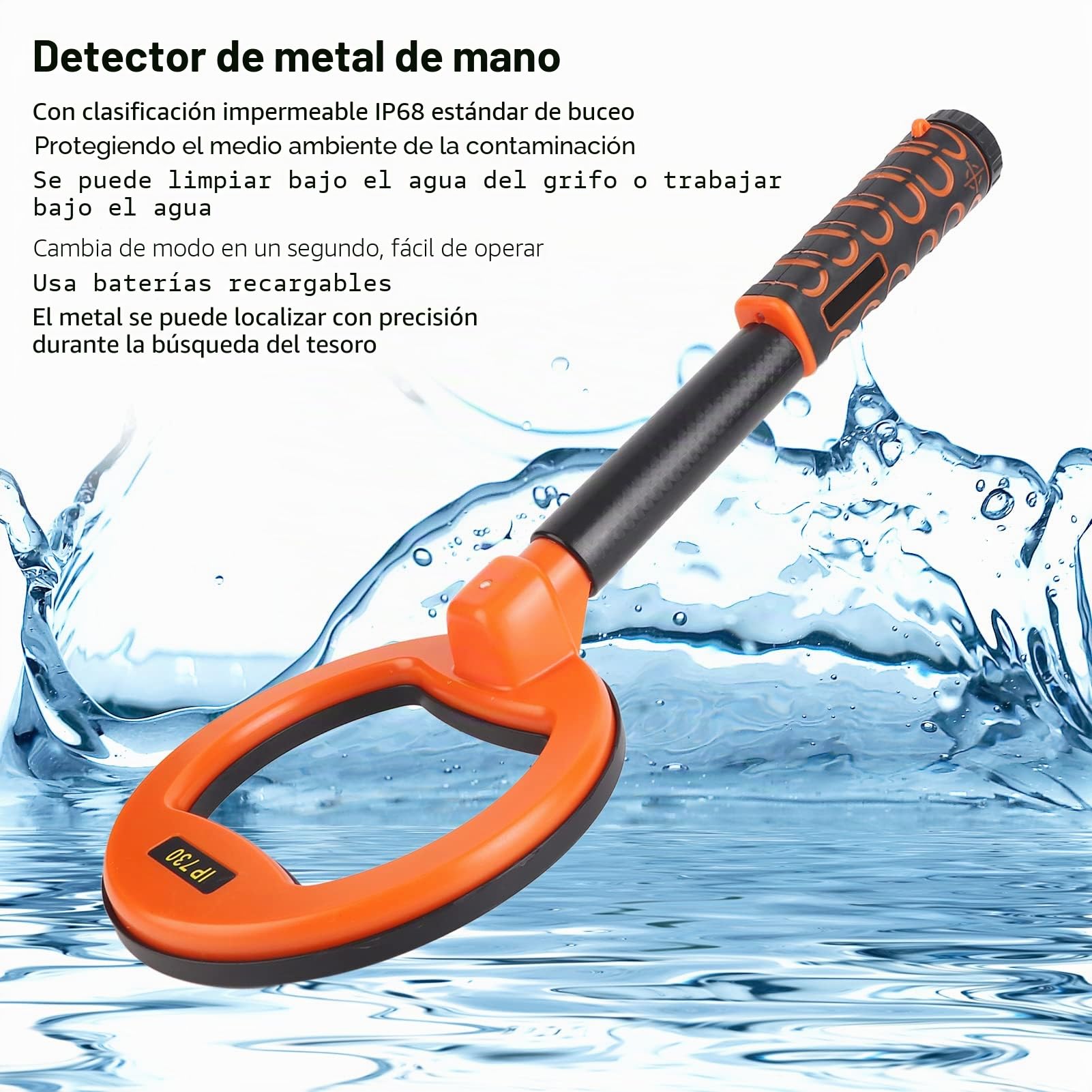 Detector de Metales de Mano Recargable, Detector de Búsqueda de Tesoros Submarinos, IP68 a Prueba de Agua, con Alarmas Audibles y Vibratorias, para Buceo (Naranja)