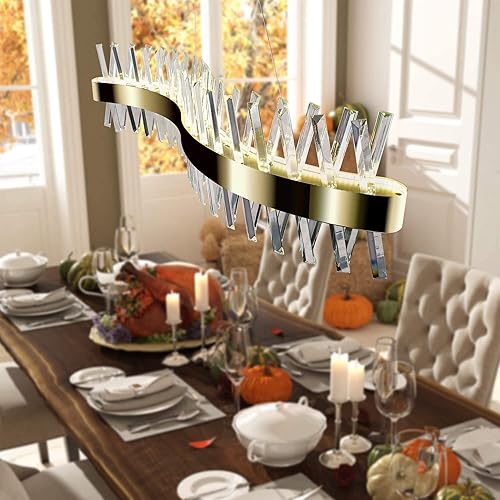Miniatura 2 de IKK Lámpara LED moderna de isla para comedores, candelabro lineal de cristal dorado, candelabros de acero inoxidable, accesorio de iluminación