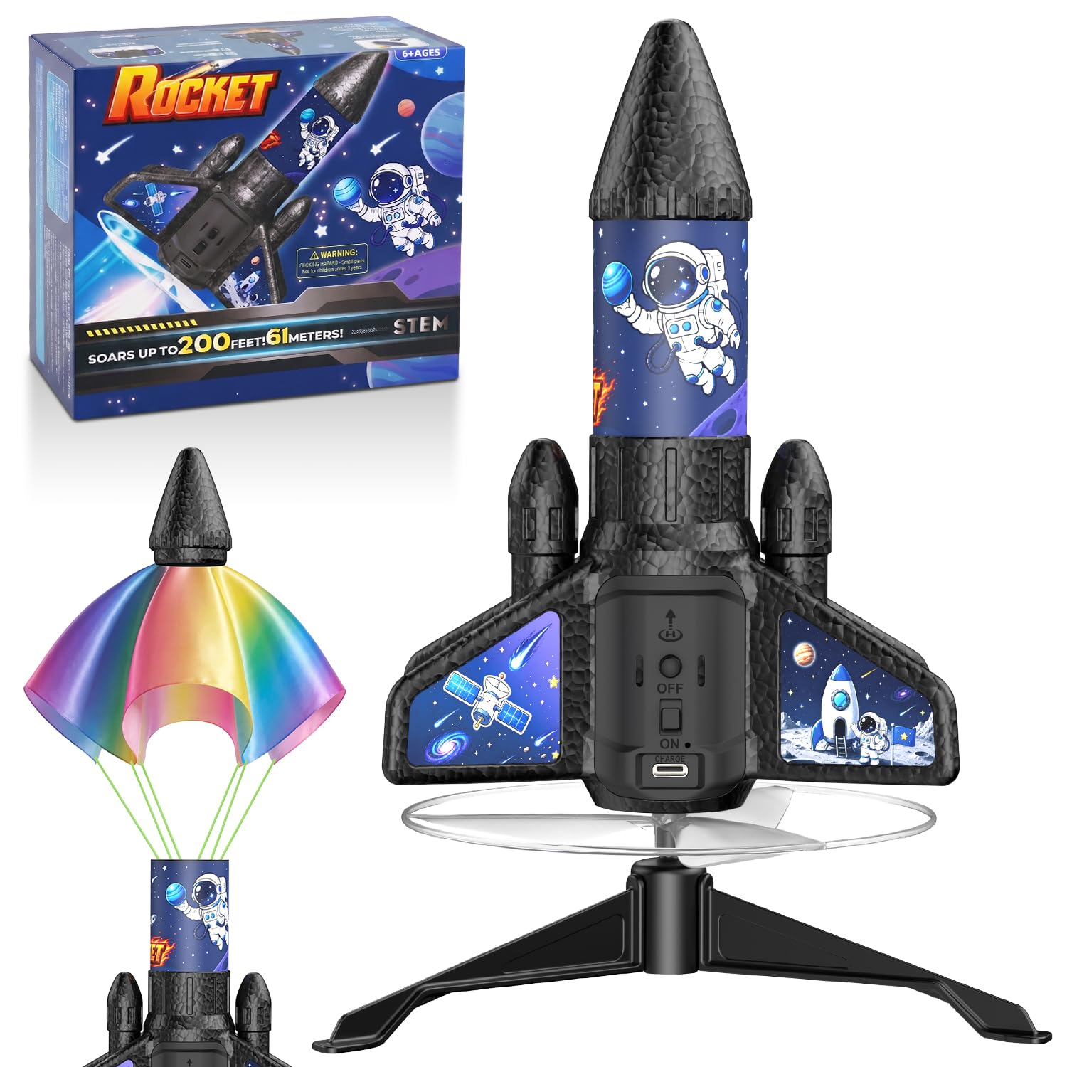 Rocket Launcher for Kids, Auto-Launch Rocket Toy, 200Ft with LED Parachute