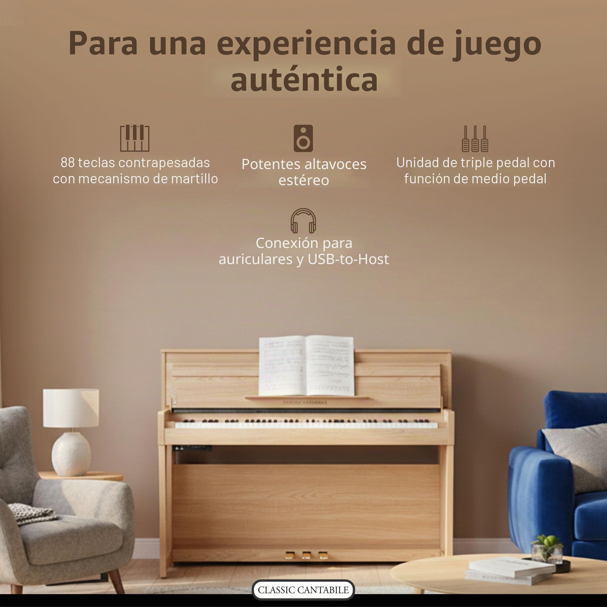 Classic Cantabile UP-1 LA Piano Vertical Digital - 88 Teclas con Peso - Teclado electronico con USB, MIDI, 40 voces, 256 polifonía - Organo musical Set con Banqueta y Auriculares - Roble Claro