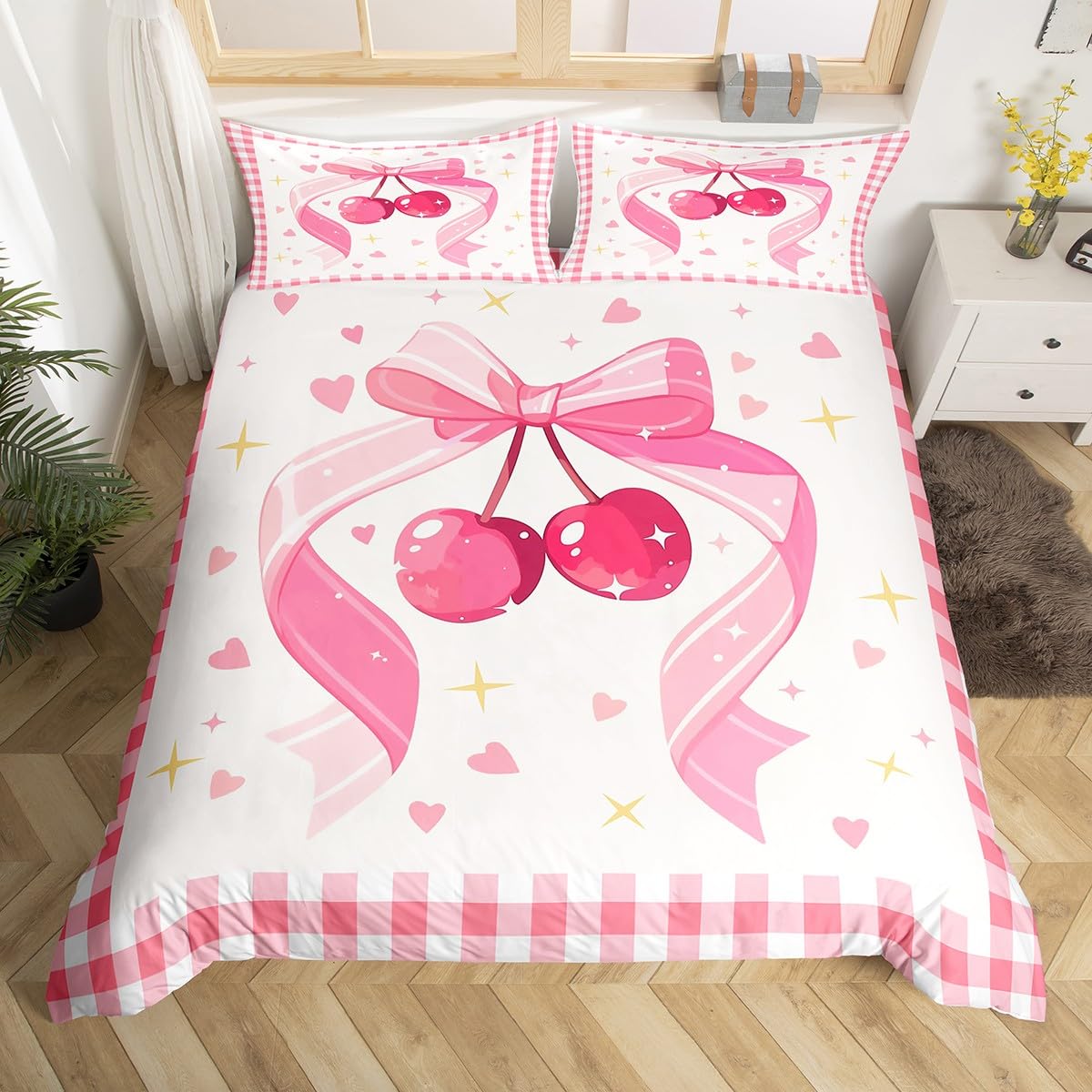 Loussiesd Rosa Bogenknot Bettwäsche Set 135x200cm für Kinder Mädchen Kleinkind Frauen Nette Bogen Kirsche Betten Liebe Herz Bettbezug Träumende Prinzessin Stil Bettwäsche-Set