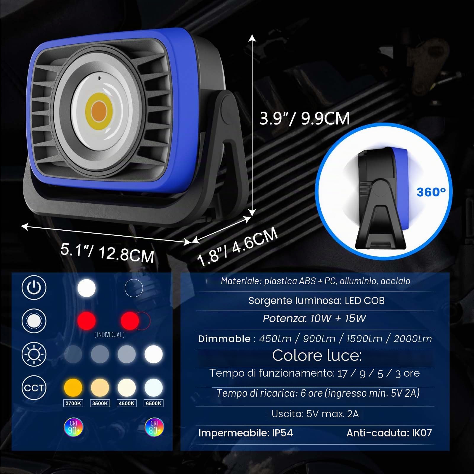 Lampada da Lavoro Meccanico Portatili a LED COB Ricaricabile Magnetica, 2000Lm Alta luminosità Dimmerabile, 4 Livelli di Colori di Illuminazione Regolabili, per Officina Campeggio Emergenza