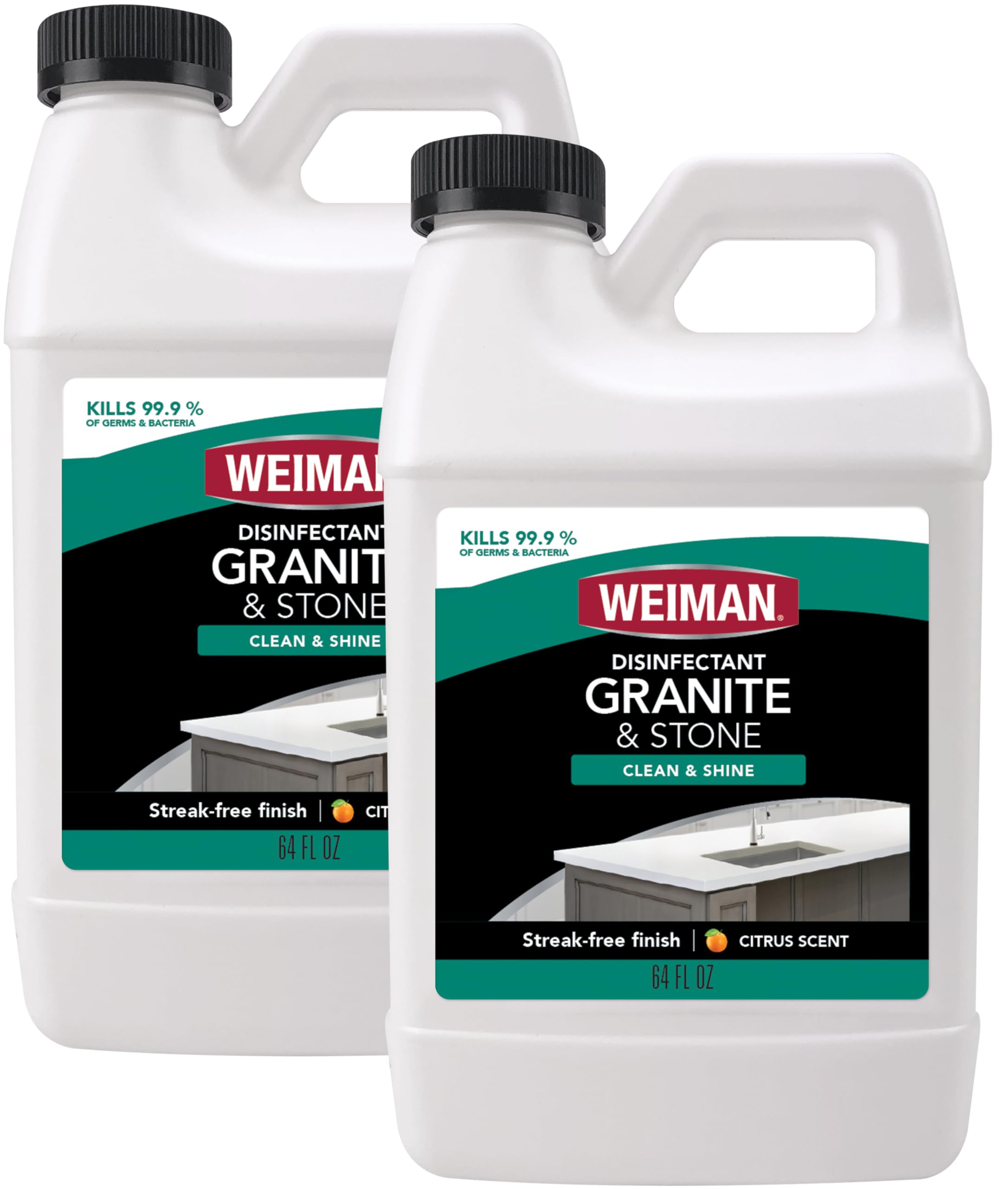 Weiman Disinfecting Granite and Stone Countertop Cleaner and Polish - Safely Cleans & Shines Marble, Quartz Quartzite Slate, Limestone, Corian, Laminate Tile, 64 Oz, 2 Pack