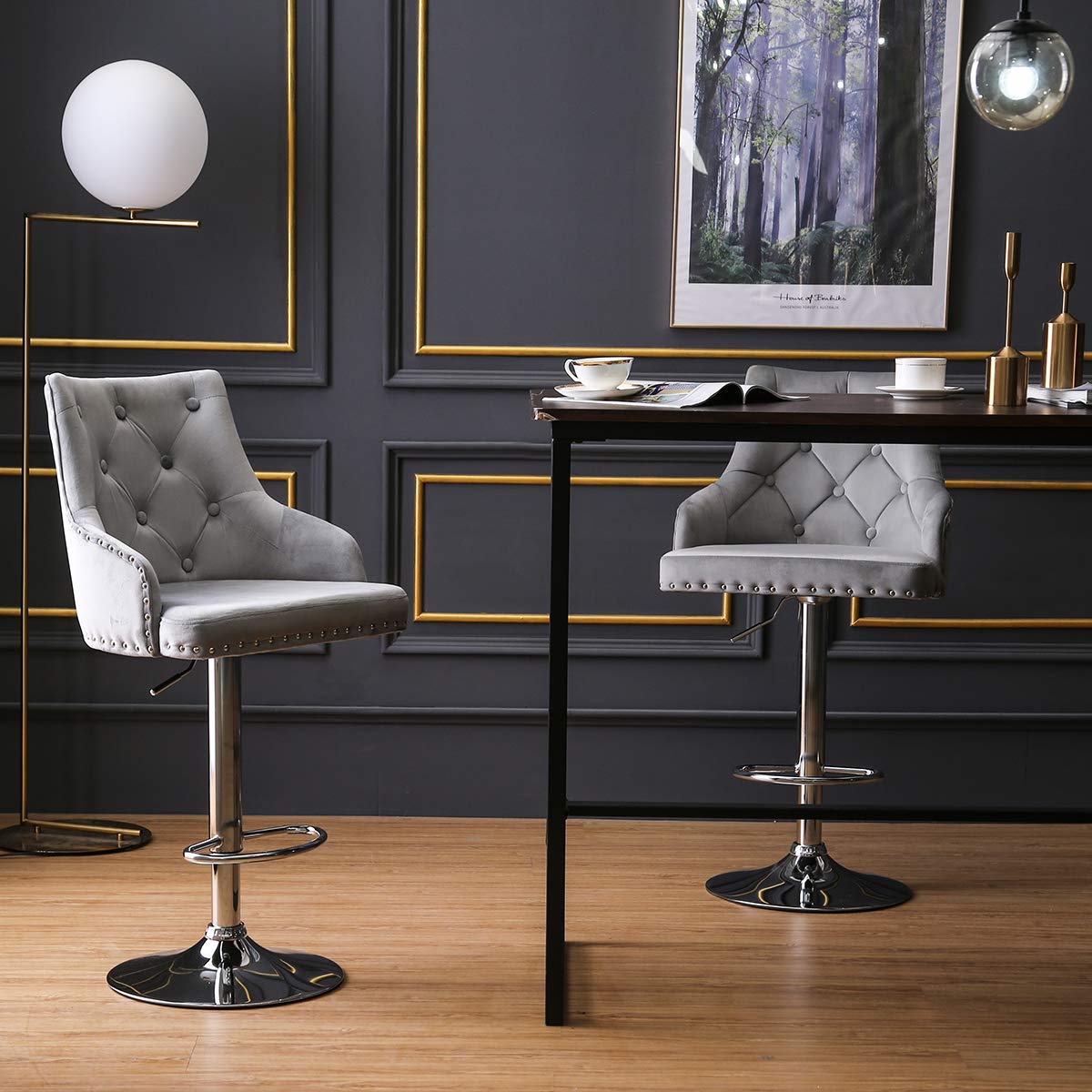 Buy Hironpal Grey Velvet Bar Stool Chairs, Studded Barstool with