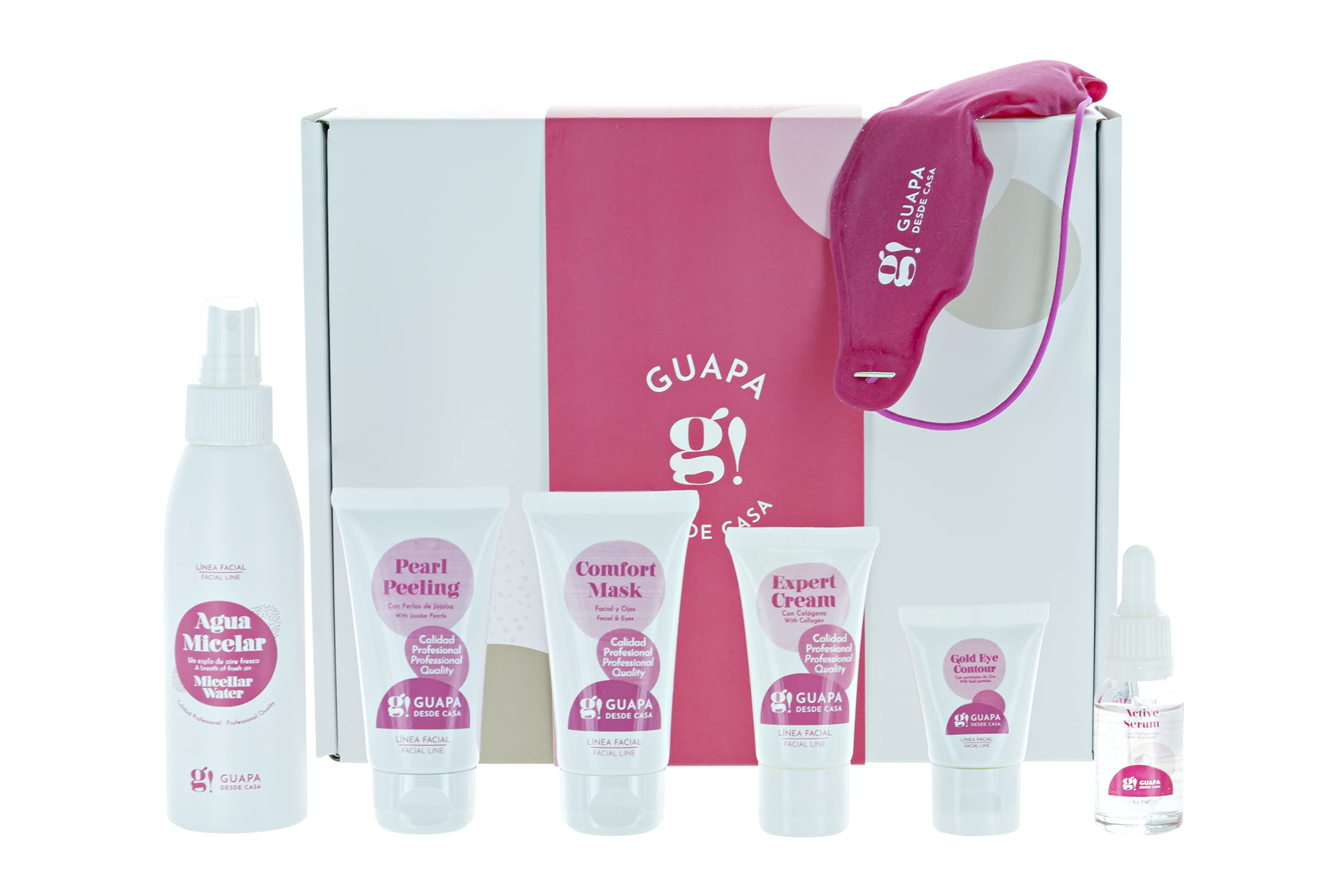 GUAPA DESDE CASA Set Rutina Facial para todo tipo de pieles | Cosmética Profesional | Micellar Water, Active Serum, Expert Cream, Gold EyeContour, Pearl Peeling, Comfort Mask | Elaborado en España
