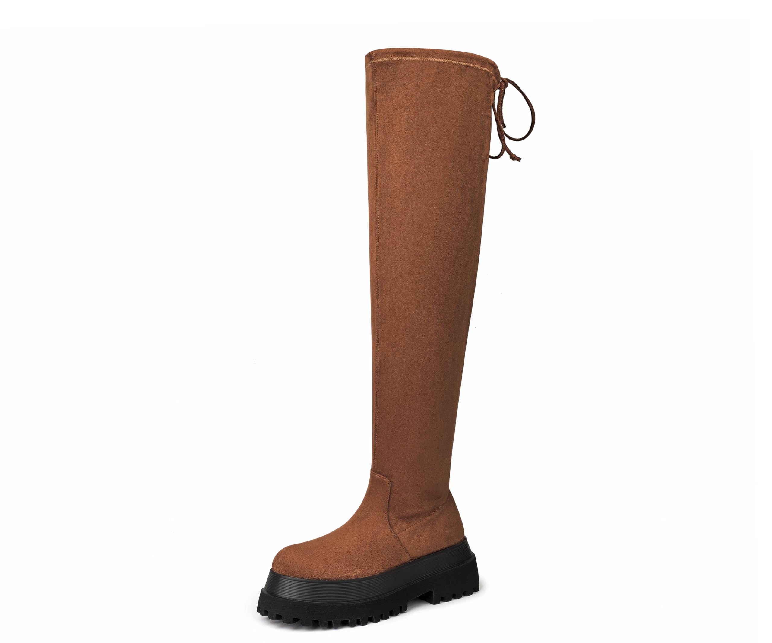Womens Thigh High Boots Chunky Sole Platform Tall Boots Stretch Faux Suede Casual Comfortable Black Over The Knee