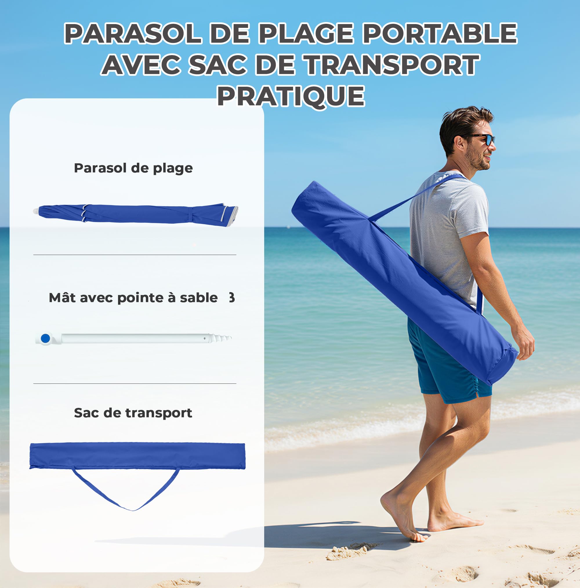 Palawano 1.6M Parasol Plage Inclinable Anti UV et Vent, Parasol de Jardin Exterieur UPF 50+, Ombre Solaire Extérieure Portable pour Jardin, Plage, Piscine, Patio (Bleu Clair)