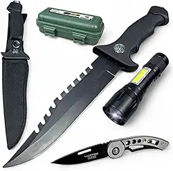 Kit Sobrevivencia Completo Com Faca + Canivete + Lanterna Militar Tático Sabre de Luz para aventuras ao ar livre, camping e emergências. Equipamento resistente e funcional para situações extremas