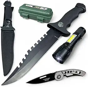 Kit Sobrevivencia Completo Com Faca + Canivete + Lanterna Militar Tático Sabre de Luz para aventuras ao ar livre, camping e emergências. Equipamento resistente e funcional para situações extremas